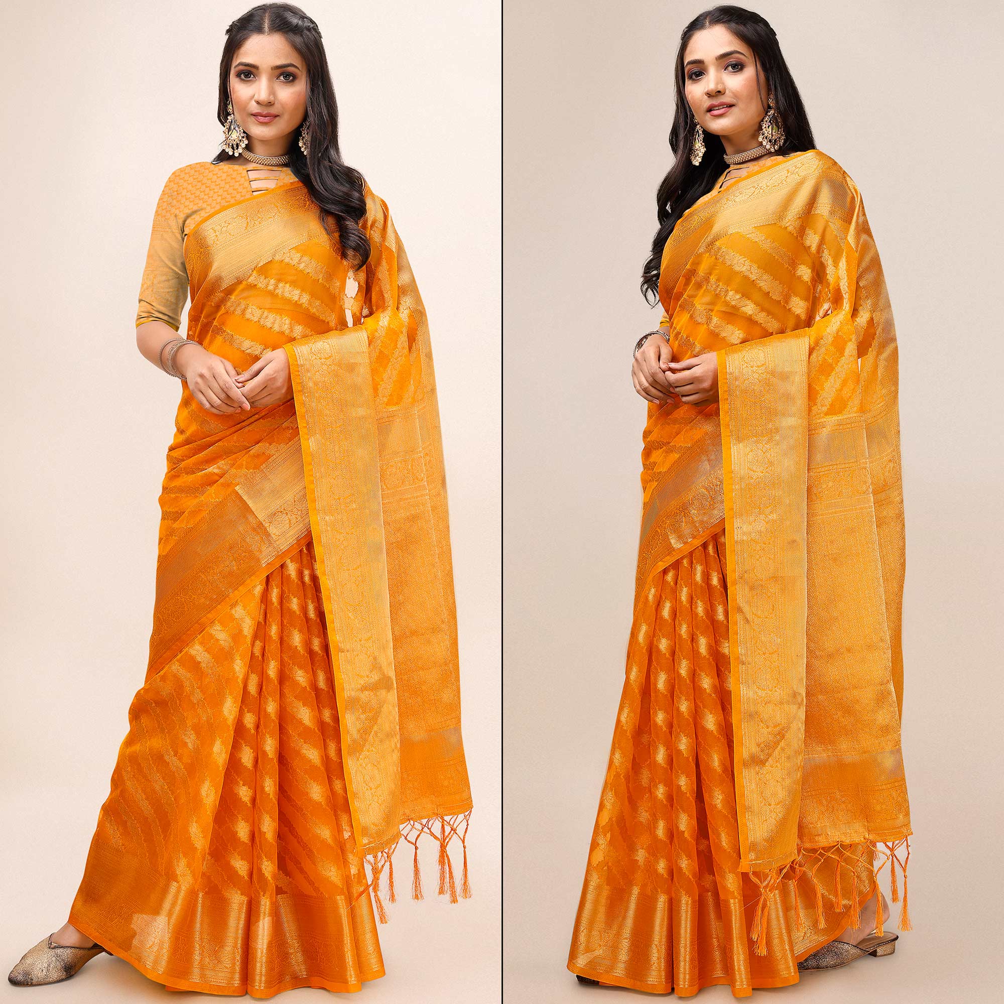 Orange Woven Organza Saree With Tassels