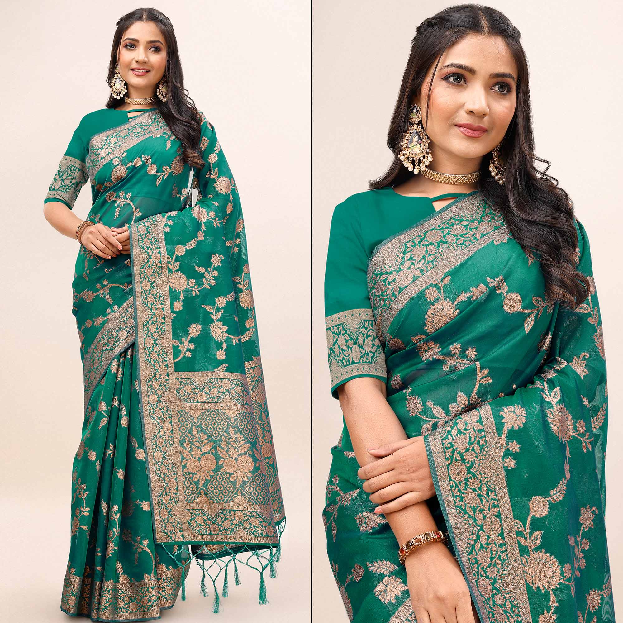 Green Woven Organza Saree With Tassels