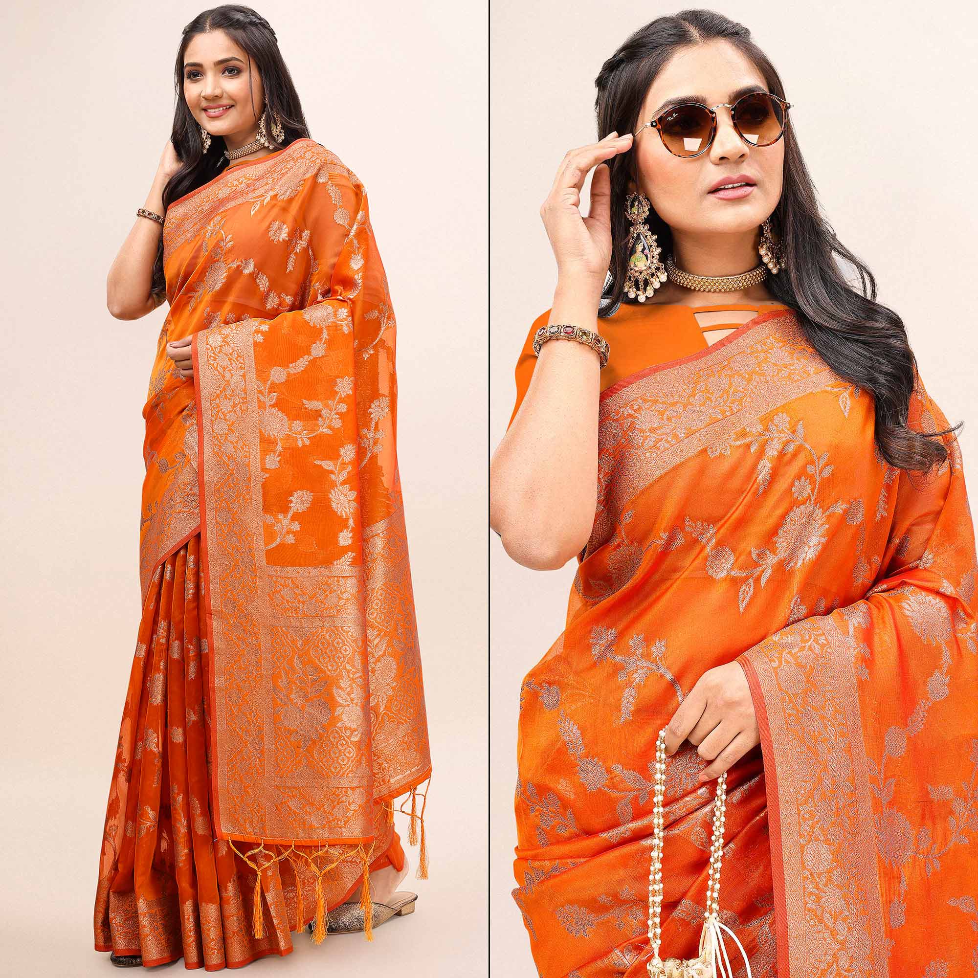 Orange Woven Organza Saree With Tassels