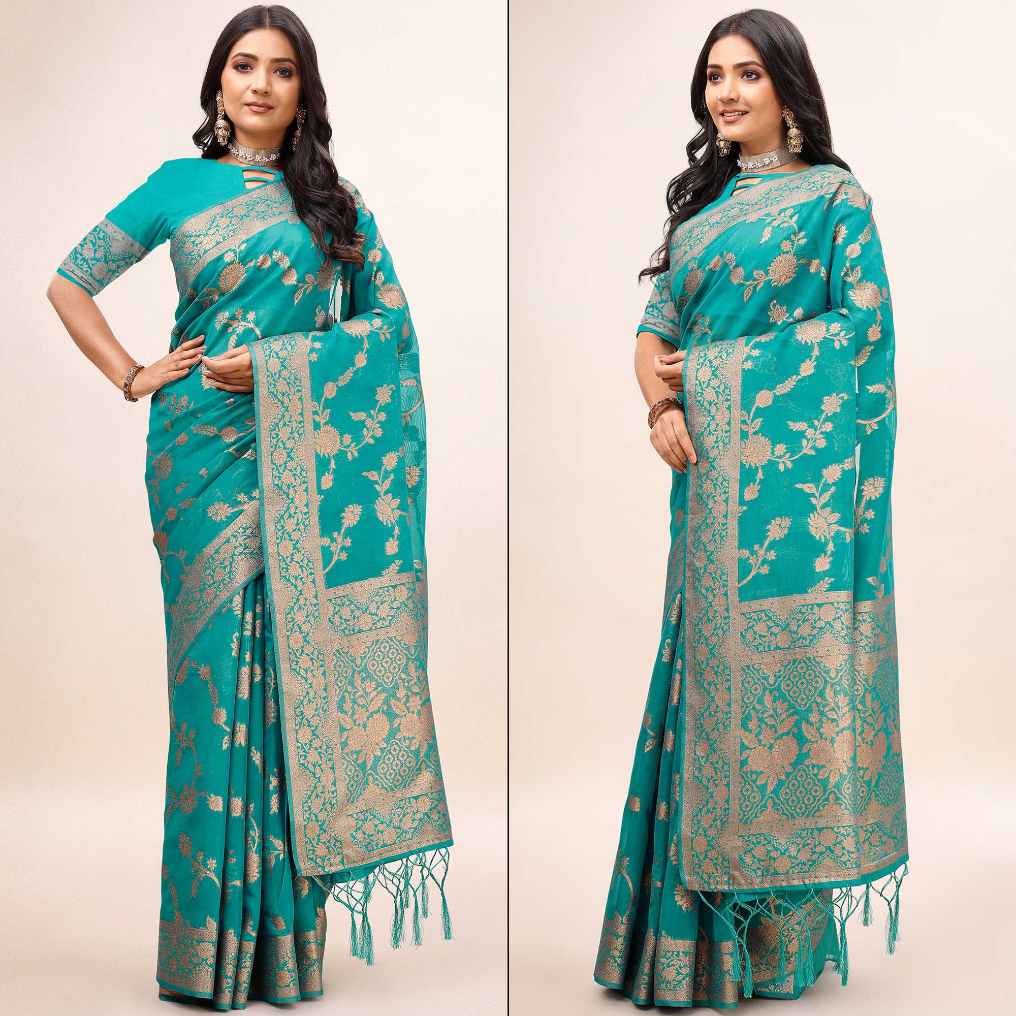 Rama Green Woven Organza Saree With Tassels