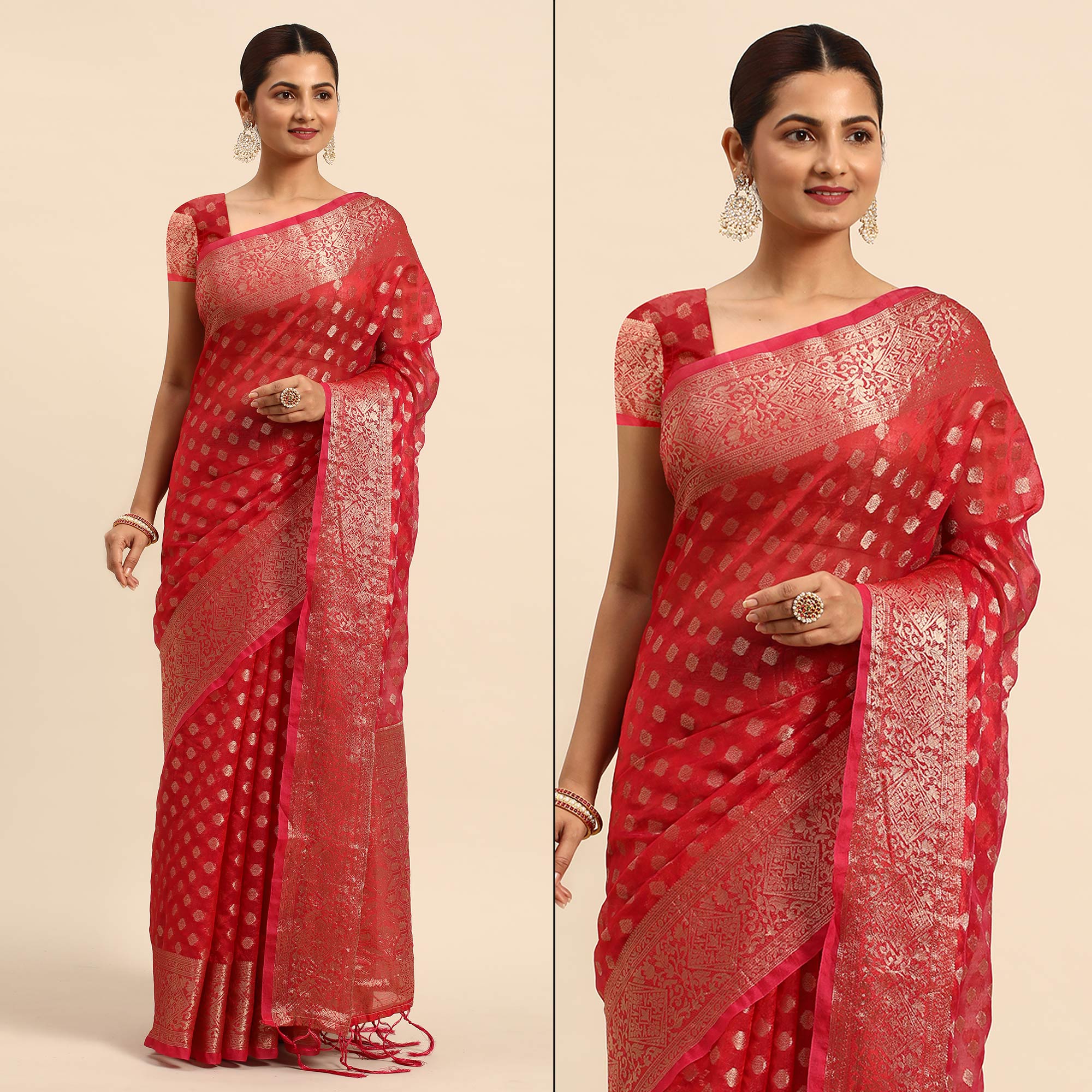 Red Woven Organza Silk Saree With Tassels