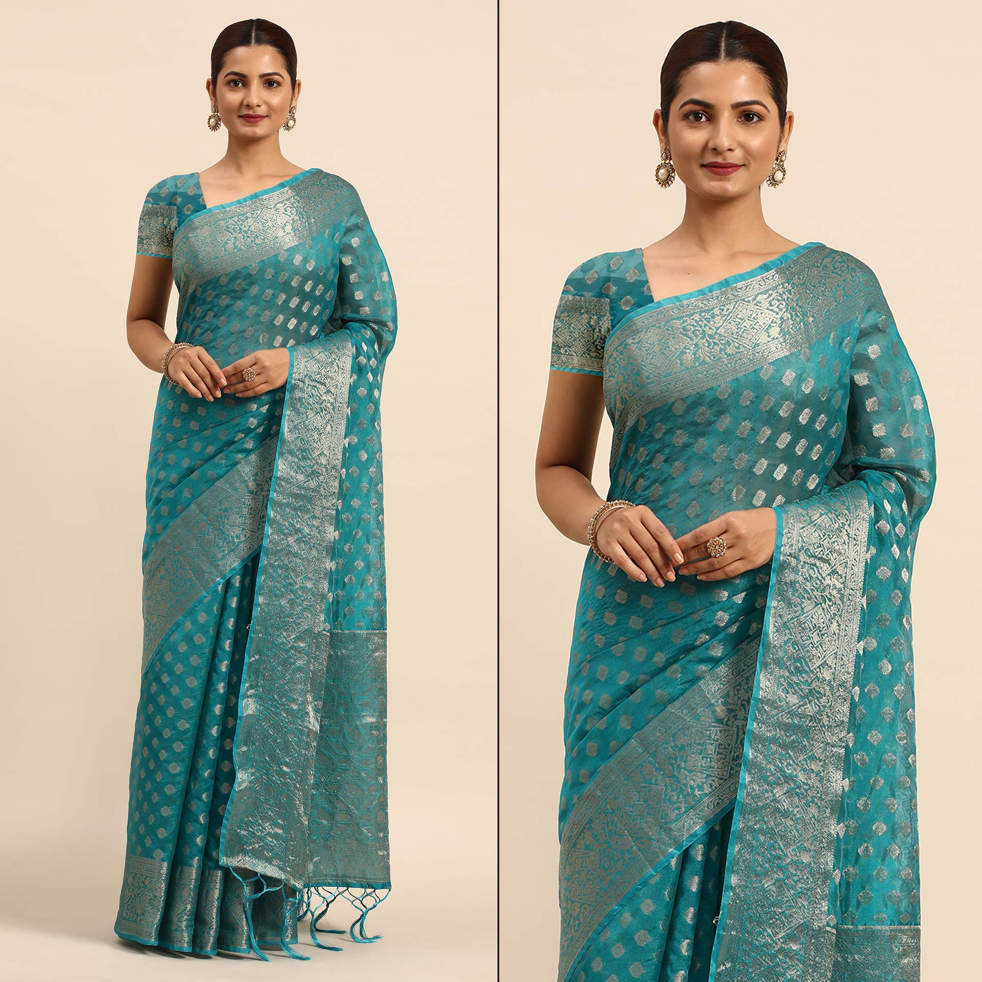 Turquoise Woven Organza Silk Saree With Tassels