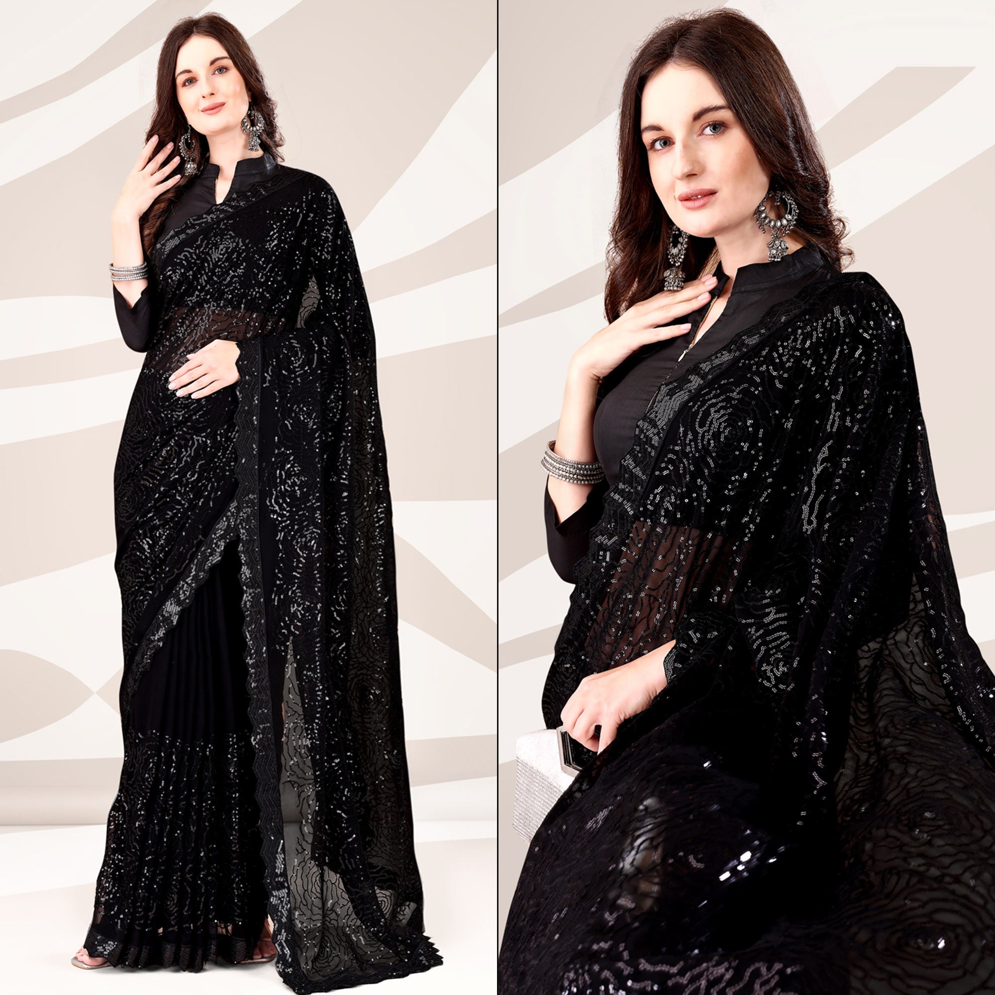 Black Sequin Embroidered Georgette Saree