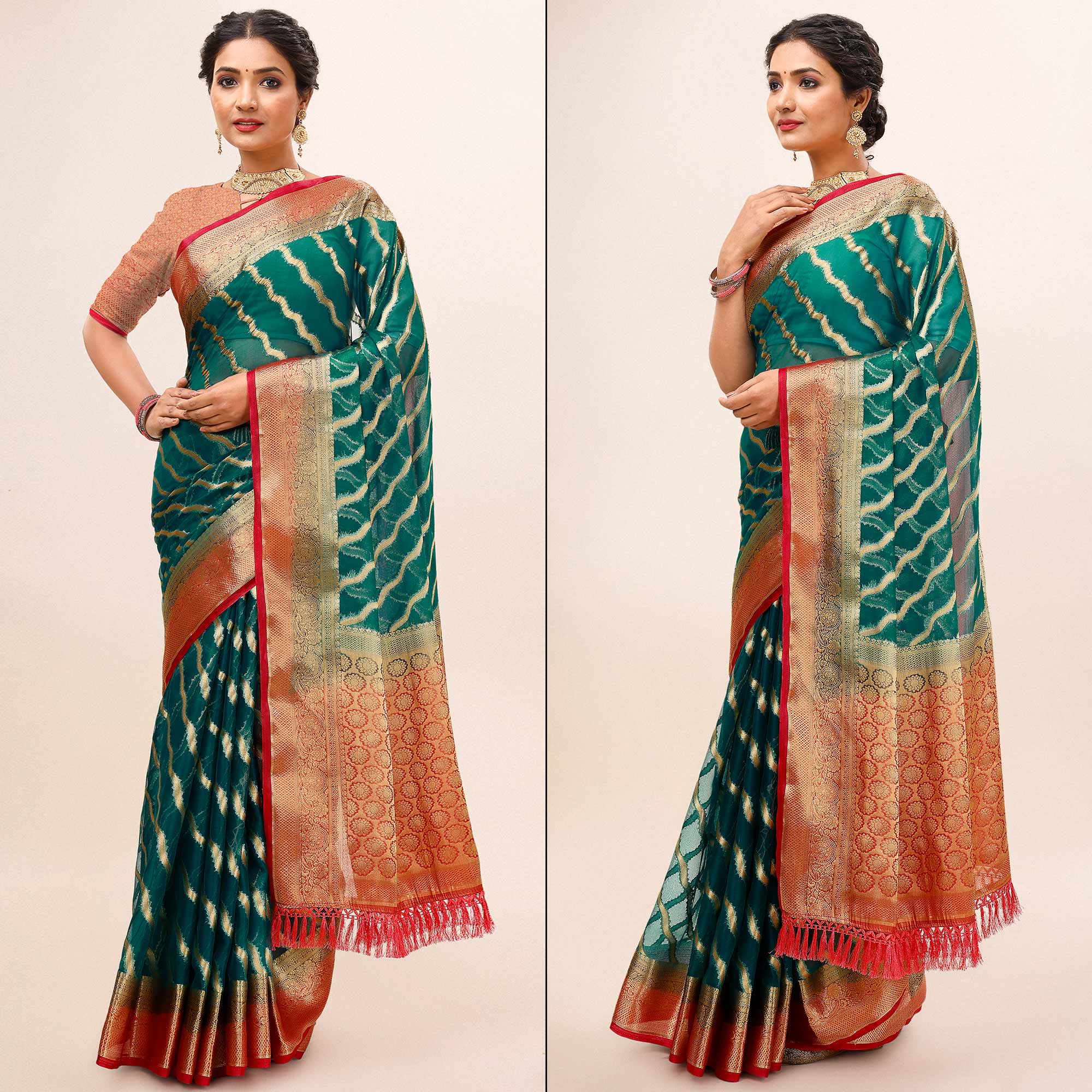 Teal Green Woven Organza Saree With Tassels