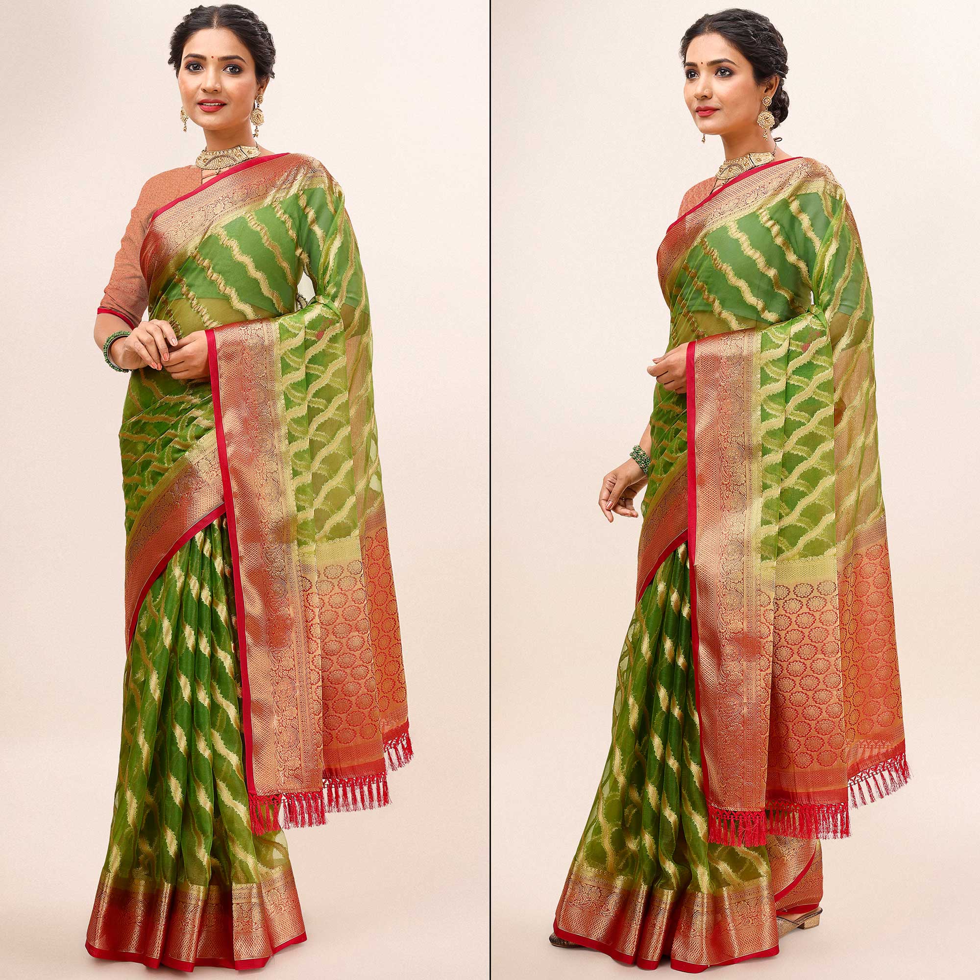 Parrot Green Woven Organza Saree With Tassels