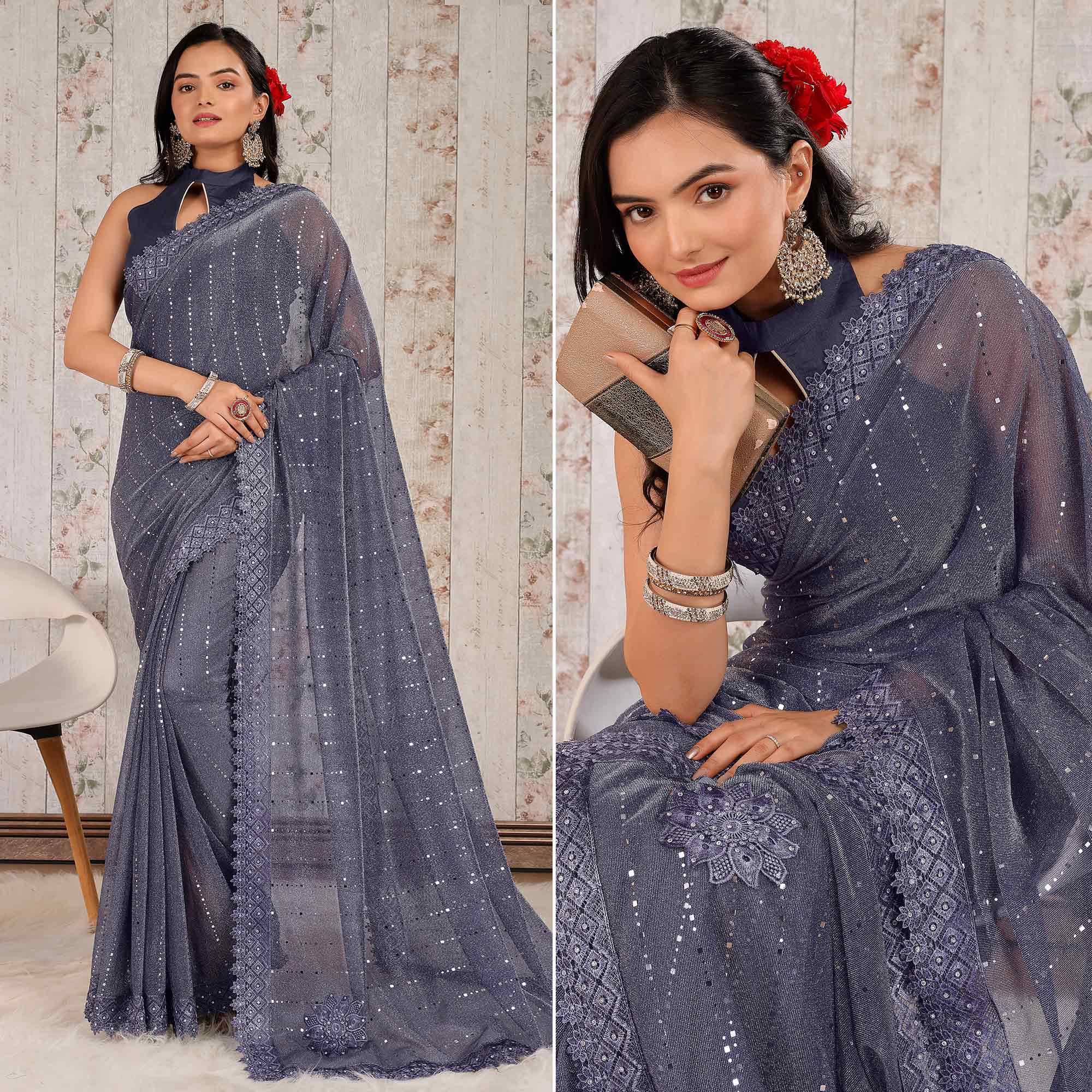 Blue Tikali With Floral Embroidered Lycra Saree