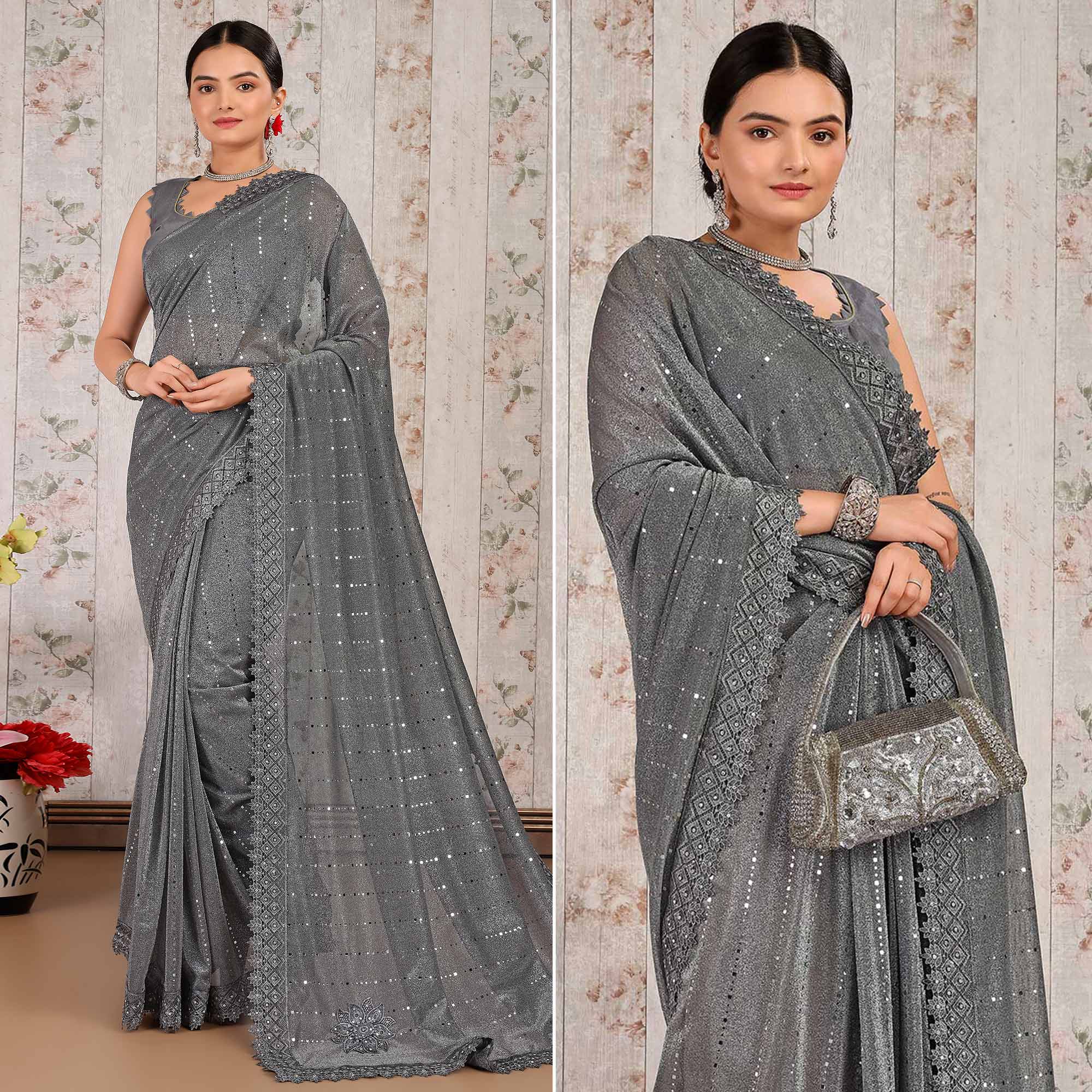 Grey Tikali With Floral Embroidered Lycra Saree