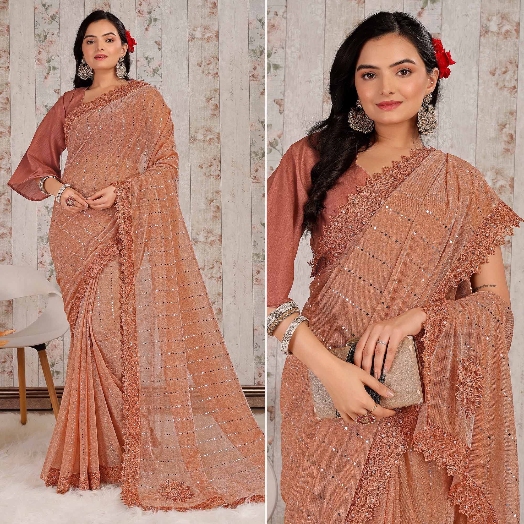 Dusty Peach Tikali With Floral Embroidered Lycra Saree