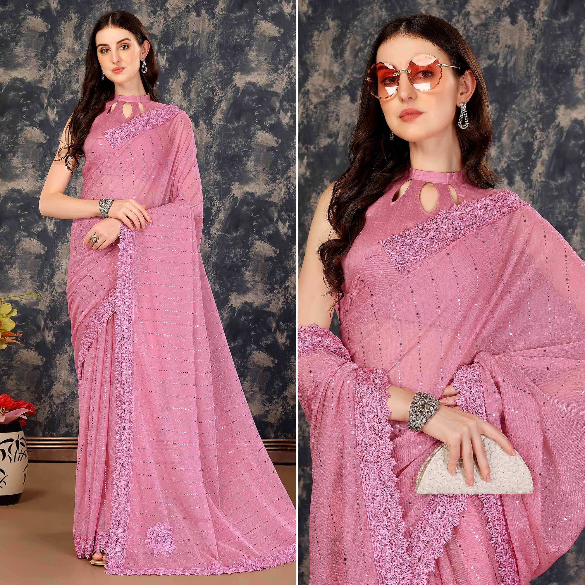Pink Tikali With Floral Embroidered Lycra Saree