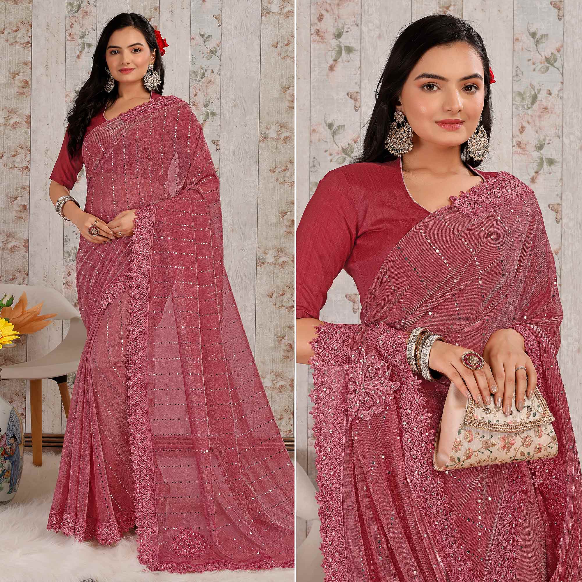 Gajari Pink Tikali With Floral Embroidered Lycra Saree