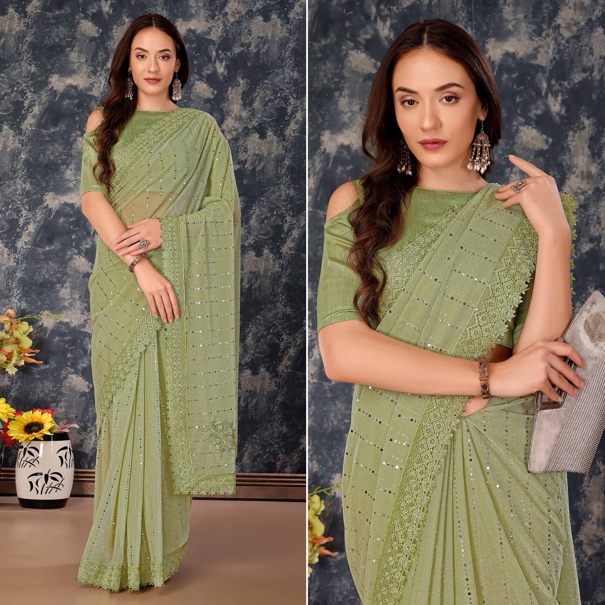 Green Tikali With Floral Embroidered Lycra Saree