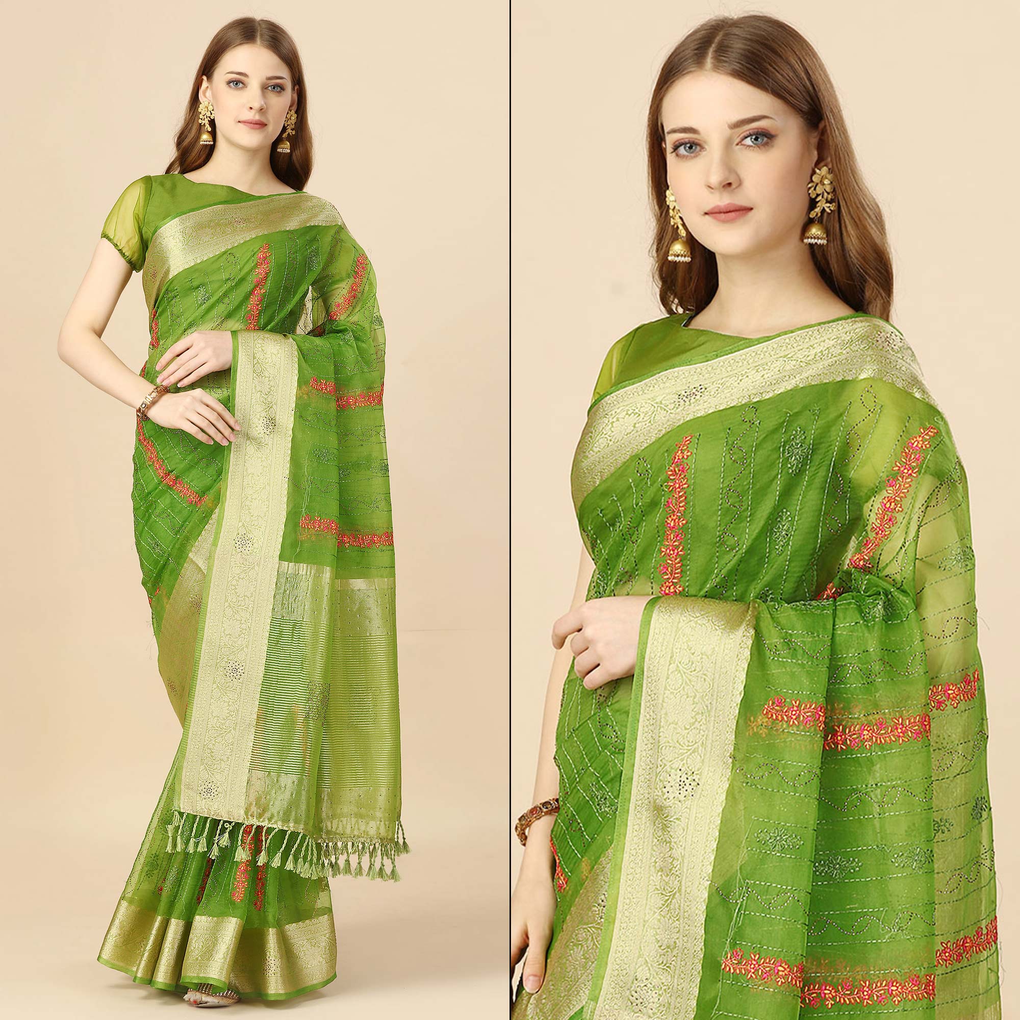 Green Floral Embroidery With Swarovski Work Organza Saree