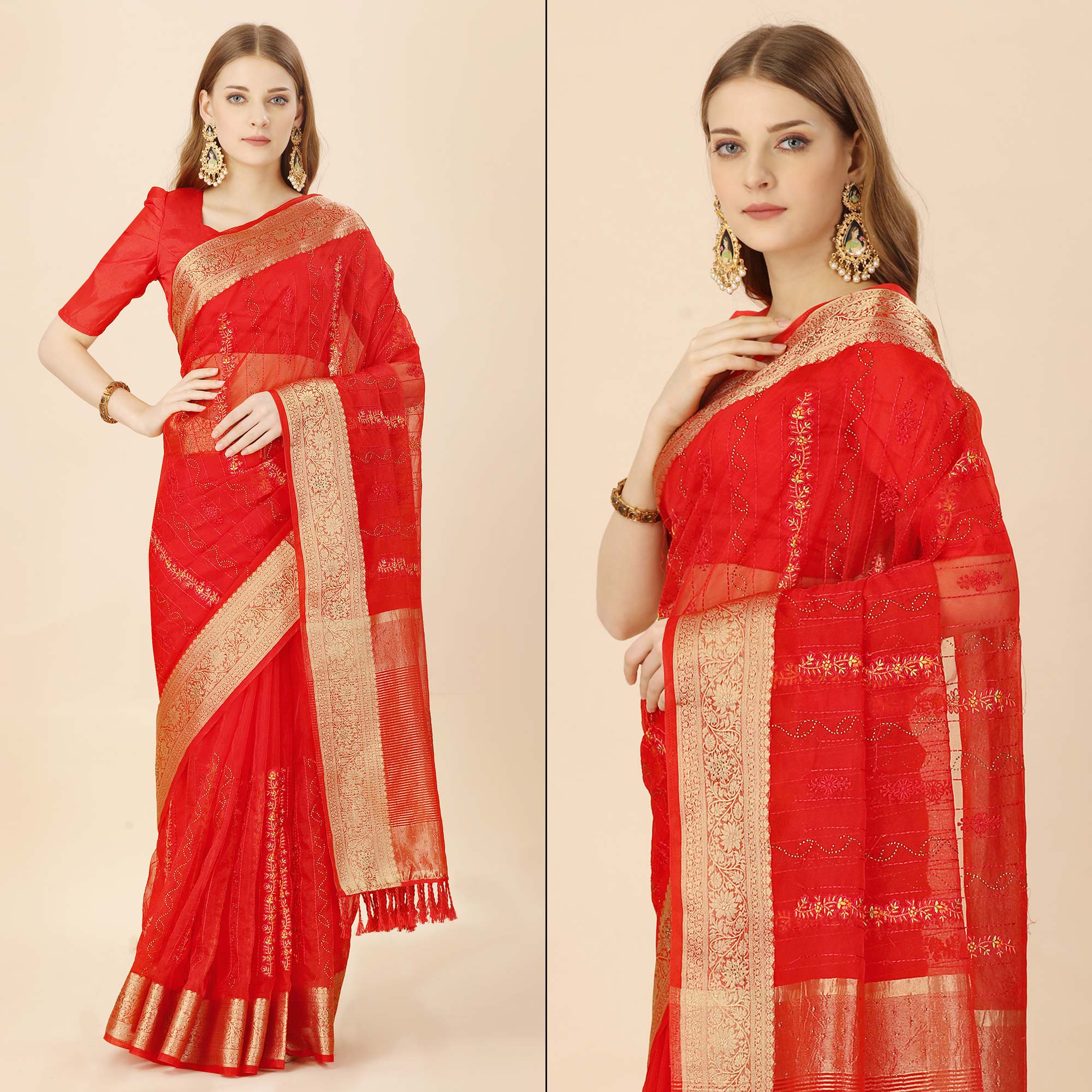 Red Floral Embroidery With Swarovski Work Organza Saree