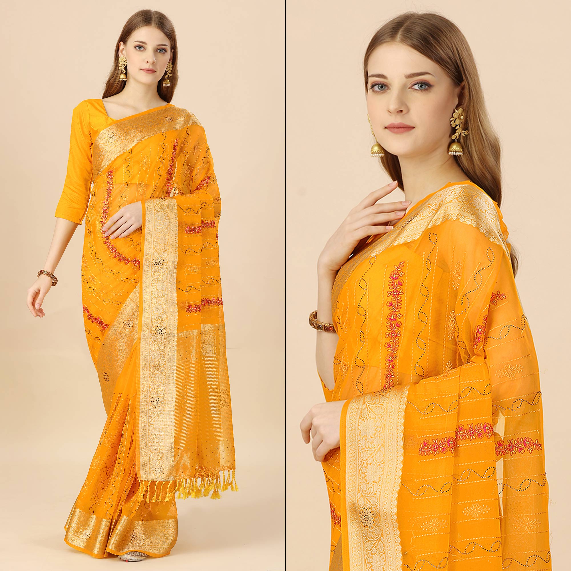 Yellow Floral Embroidery With Swarovski Work Organza Saree