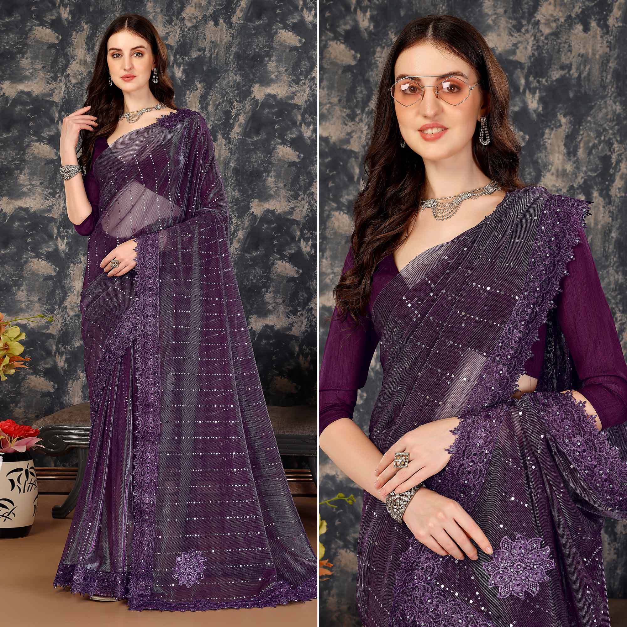 Purple Tikali Work Lycra Saree With Embroidered Lace Border