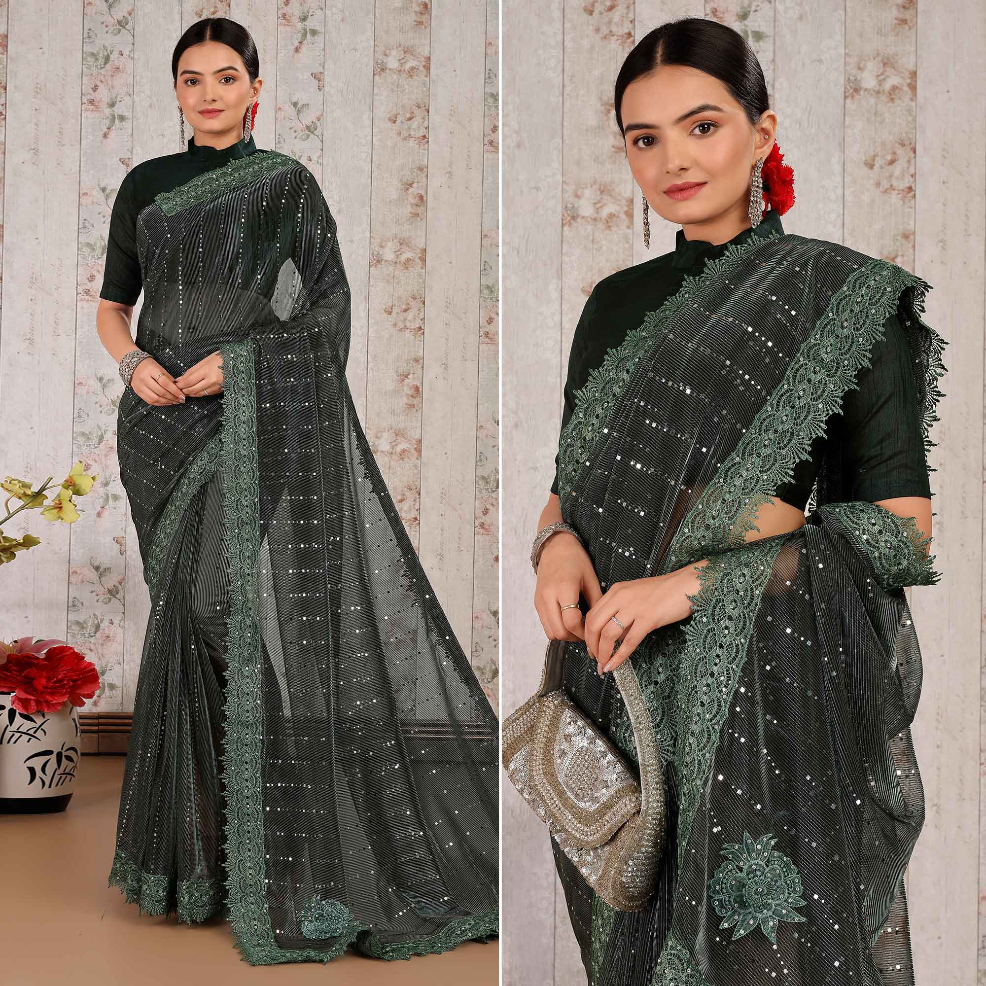 Green Tikali Work Lycra Saree With Embroidered Lace Border