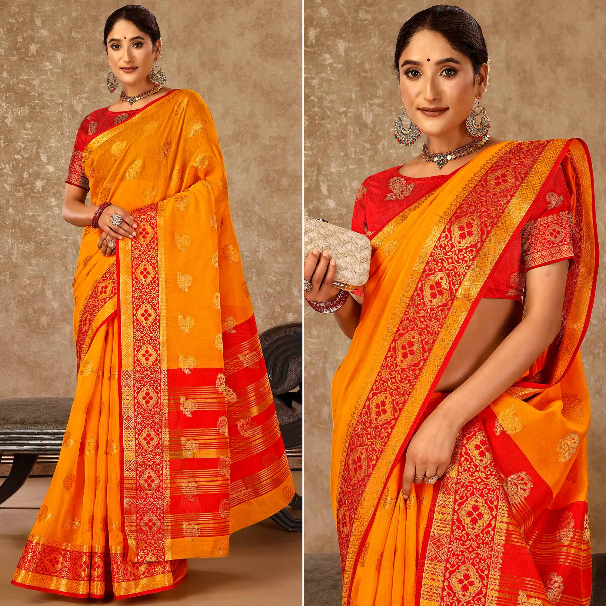 Mustard Floral Zari Woven Cotton Silk Saree