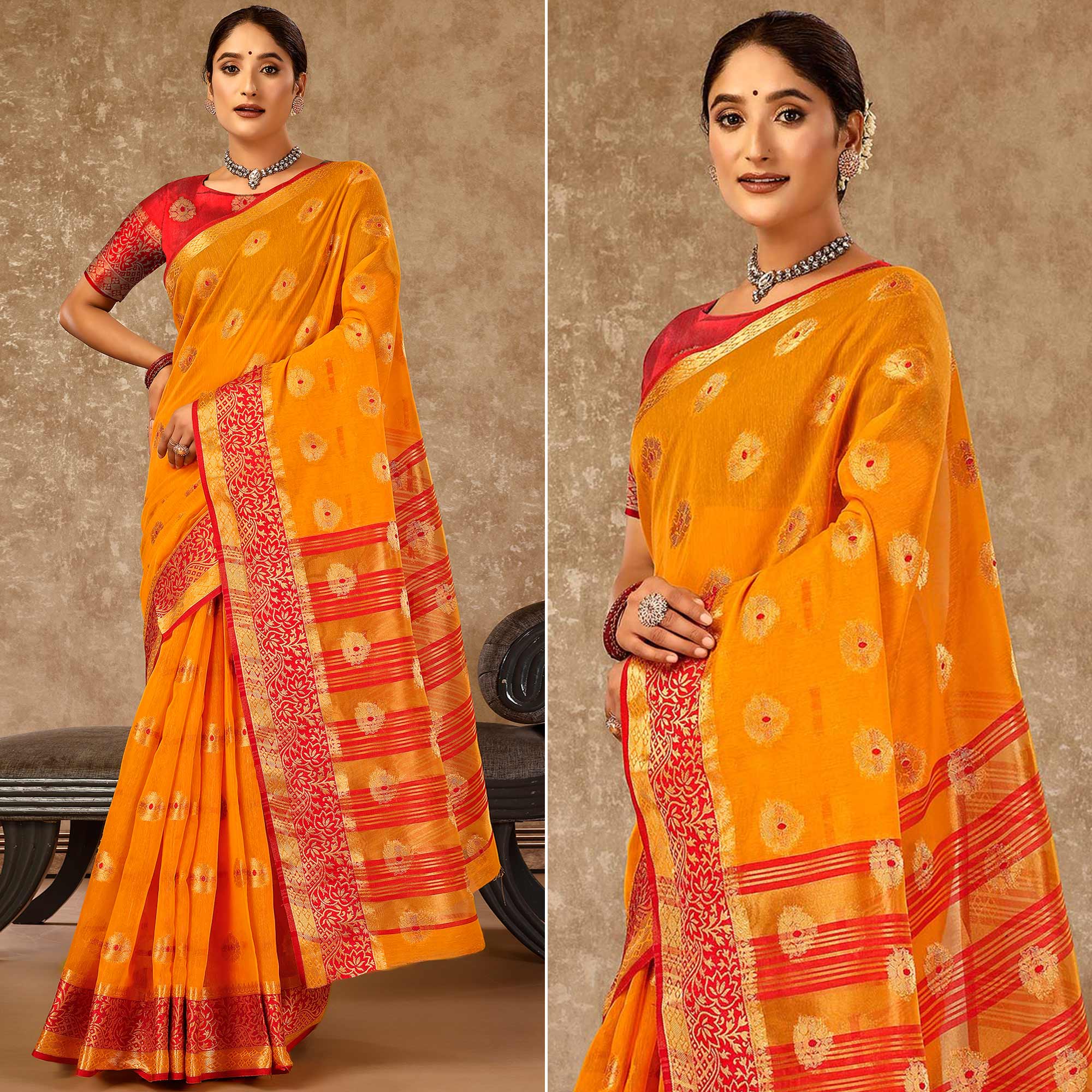 Mustard Floral Zari Woven Cotton Silk Saree