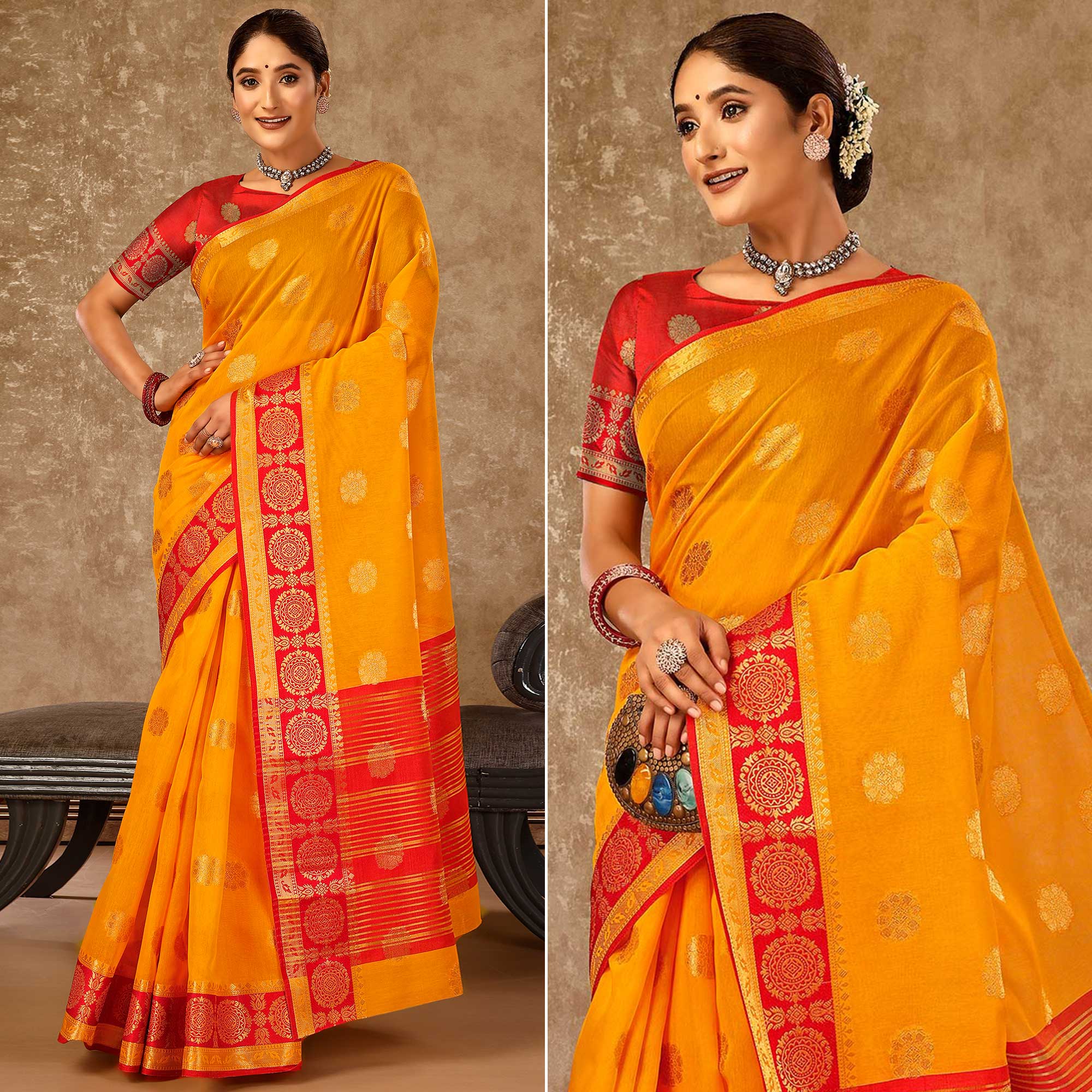 Mustard Floral Zari Woven Cotton Silk Saree