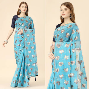 Blue Floral Foil Printed Rayon Saree