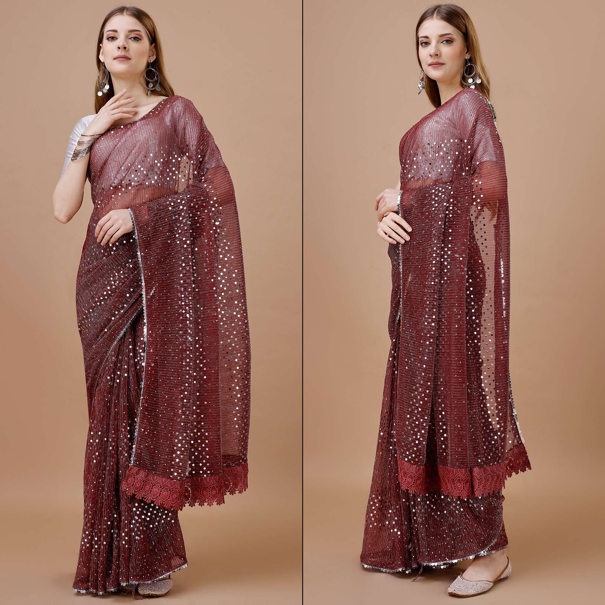 Maroon Sequins Embroidered Lycra Saree