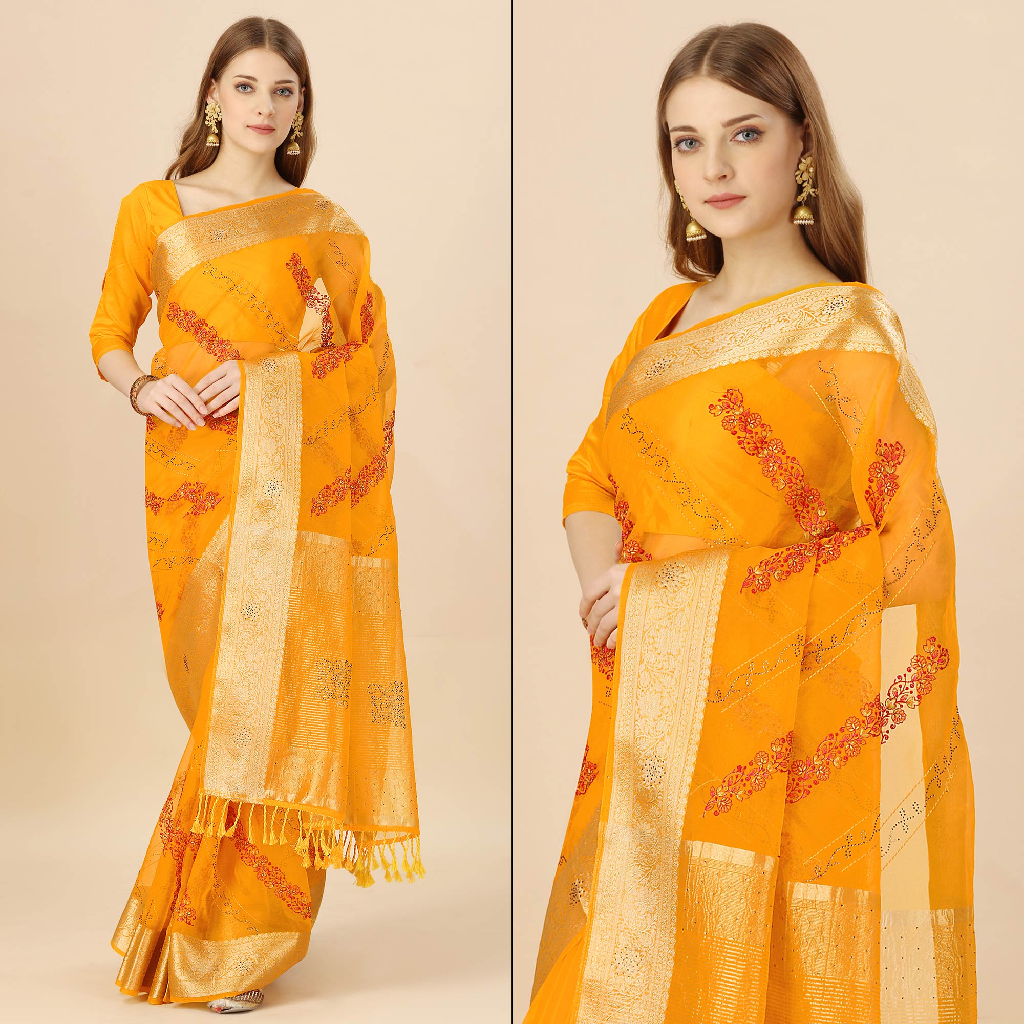 Yellow Floral Embroidery With Swarovski Work Organza Saree