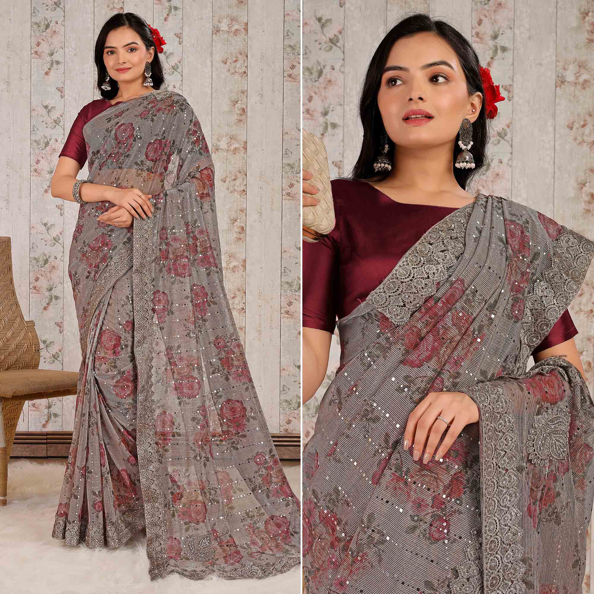 Grey Floral Digital Printed Lycra Saree With Embroidered Border