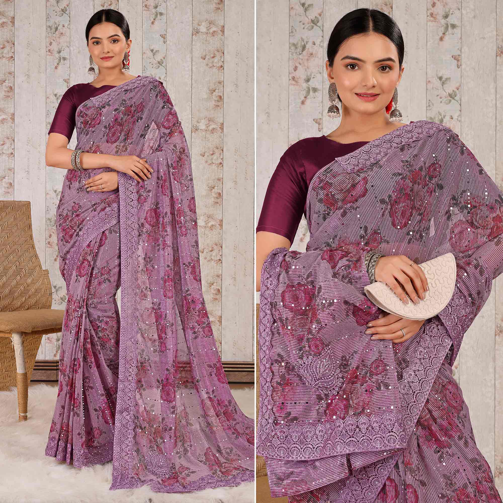 Purple Floral Digital Printed Lycra Saree With Embroidered Border