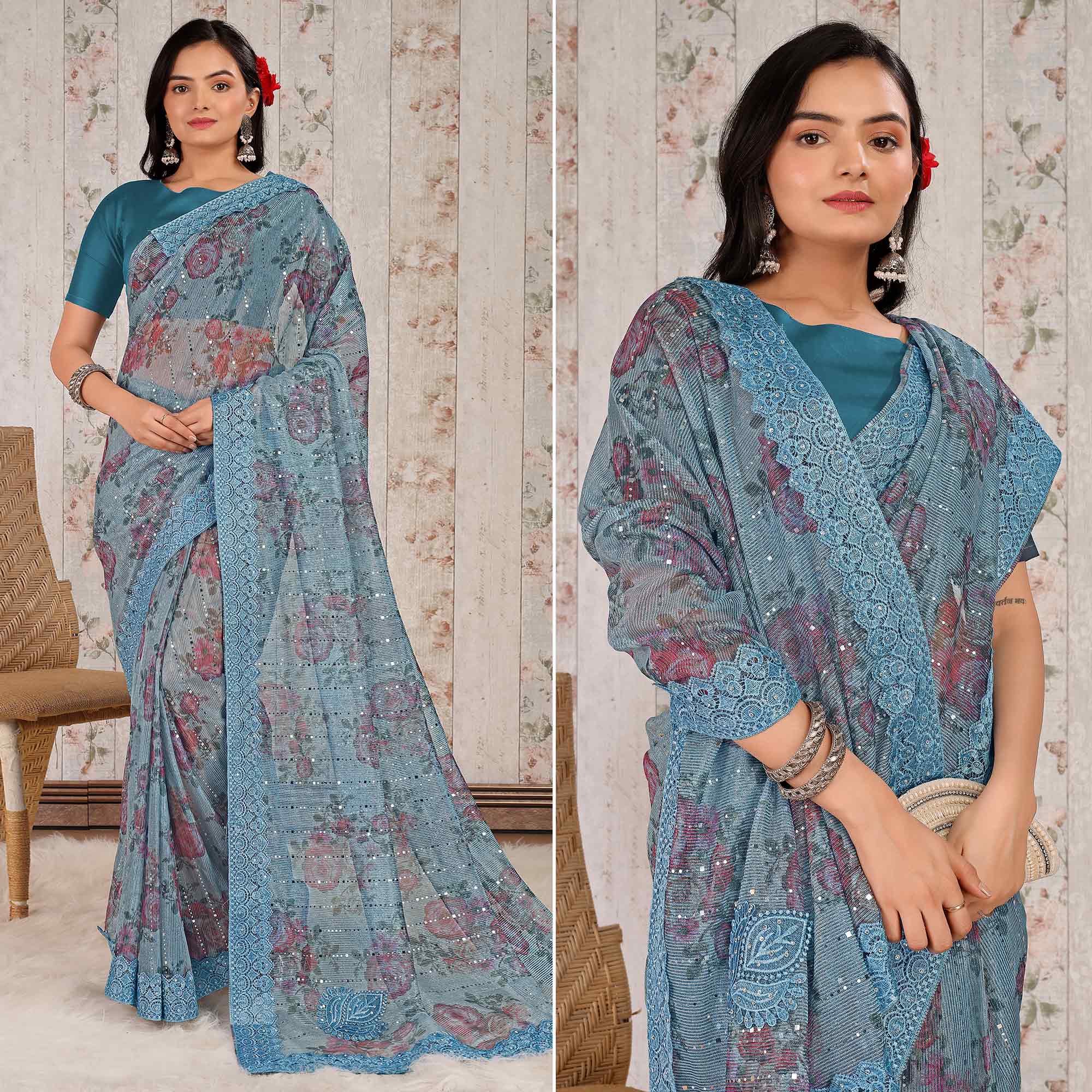 Blue Floral Digital Printed Lycra Saree With Embroidered Border