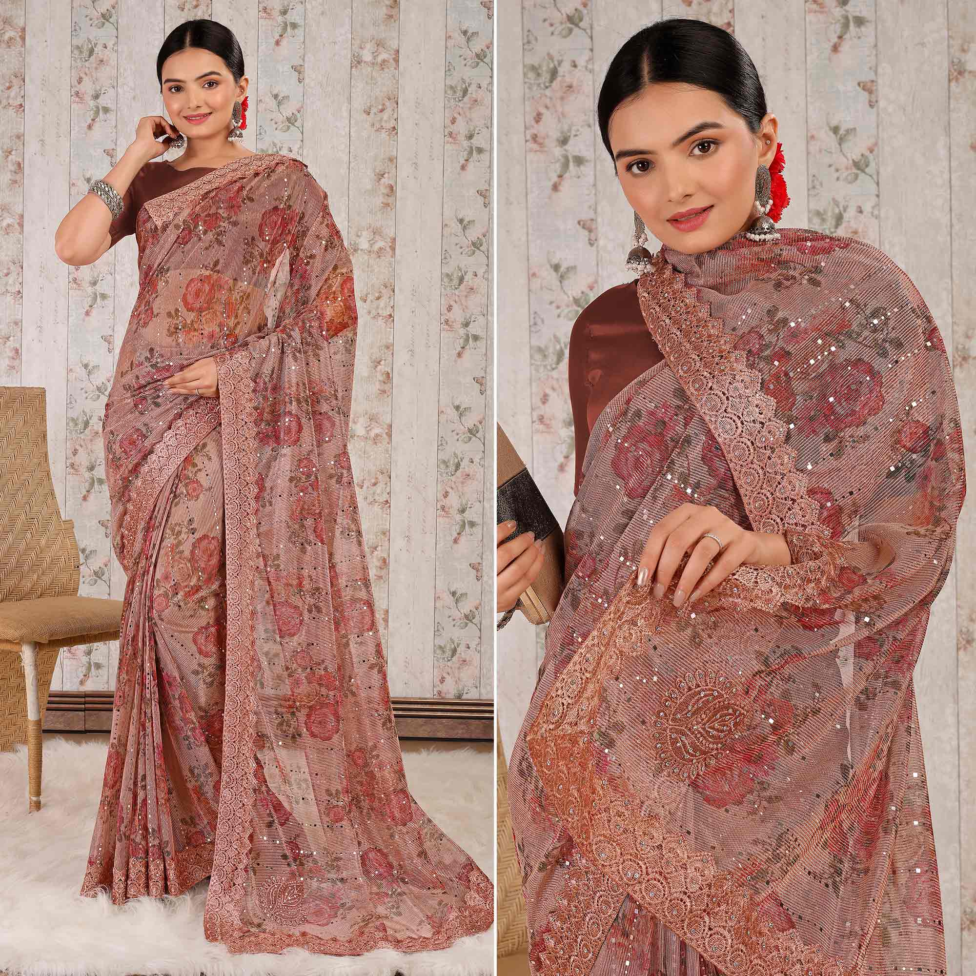 Peach Floral Digital Printed Lycra Saree With Embroidered Border