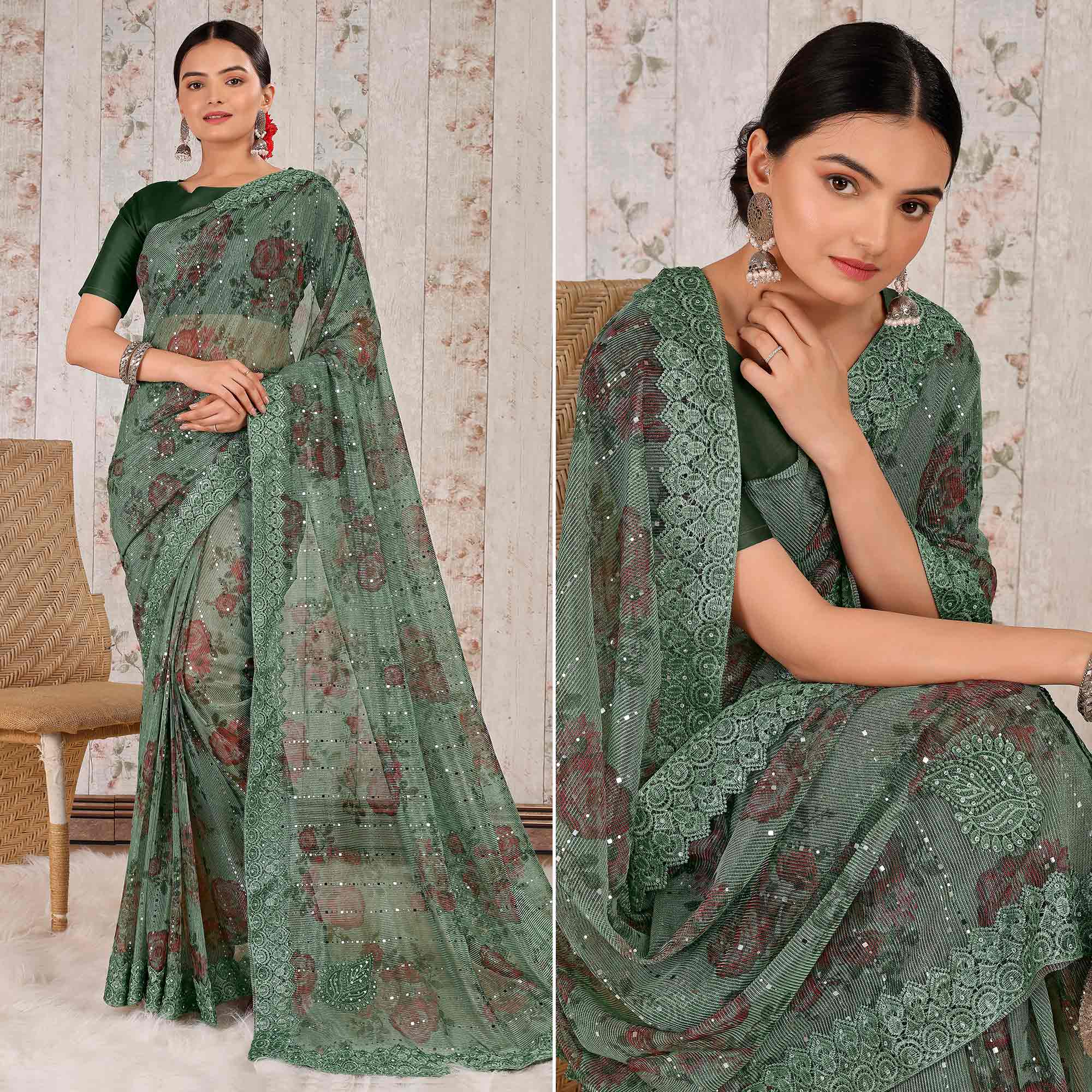 Green Floral Digital Printed Lycra Saree With Embroidered Border