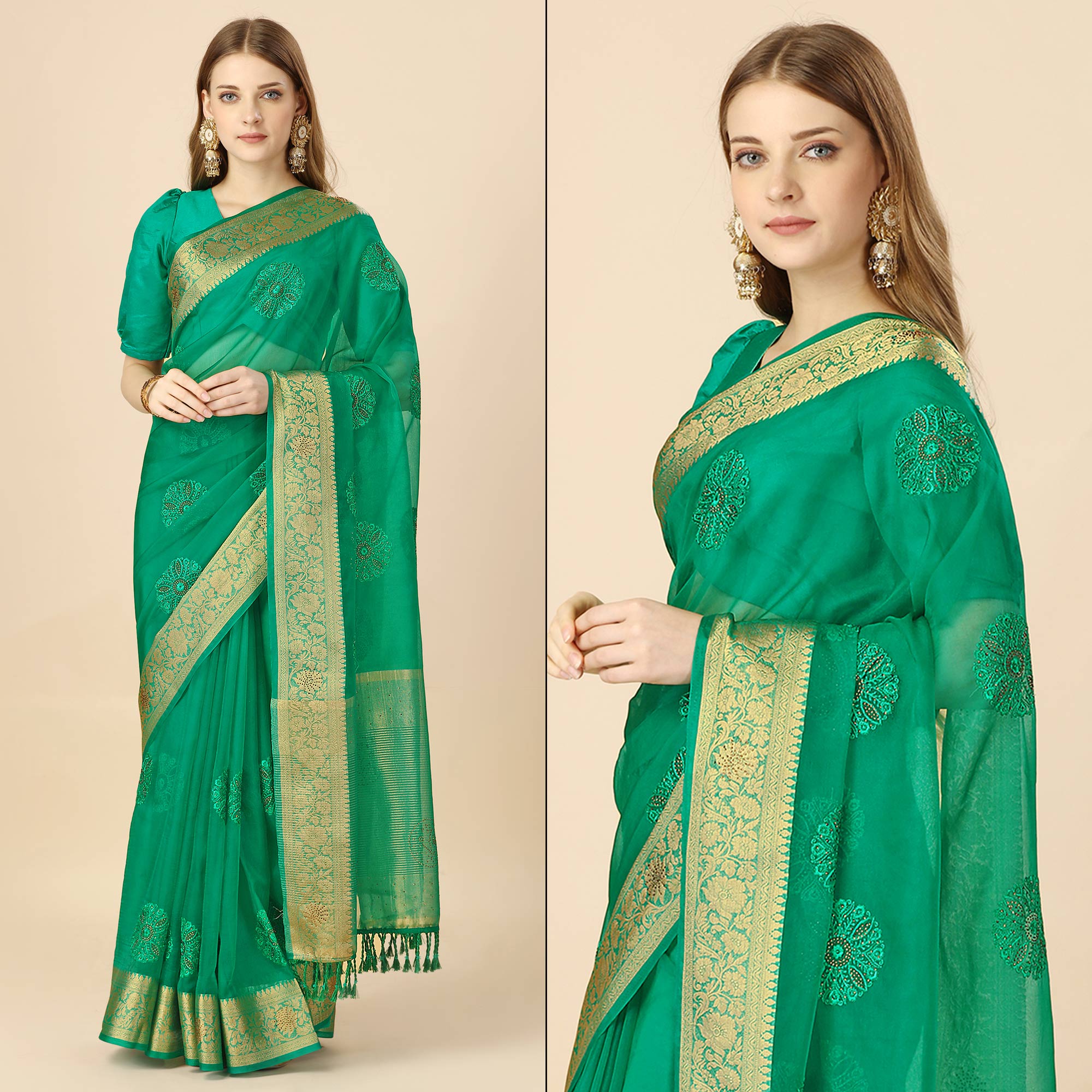 Green Floral Embroidery With Swarovski Work Organza Saree