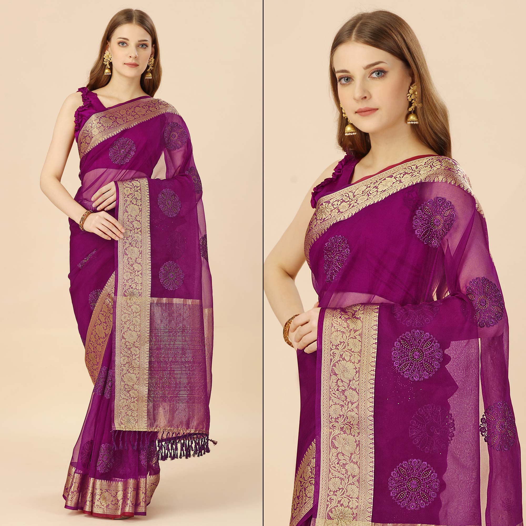 Purple Floral Embroidery With Swarovski Work Organza Saree