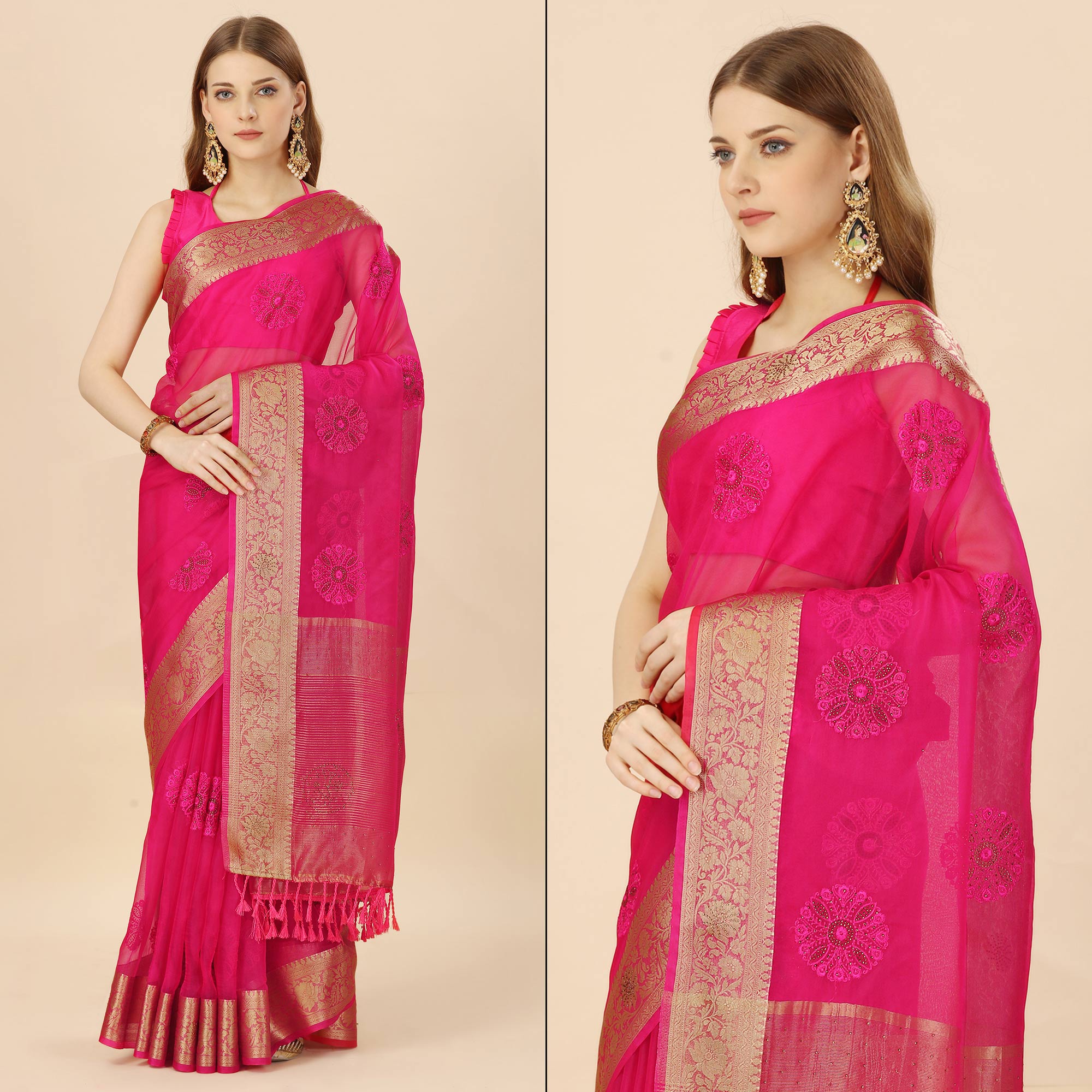 Rani Pink Floral Embroidery With Swarovski Work Organza Saree