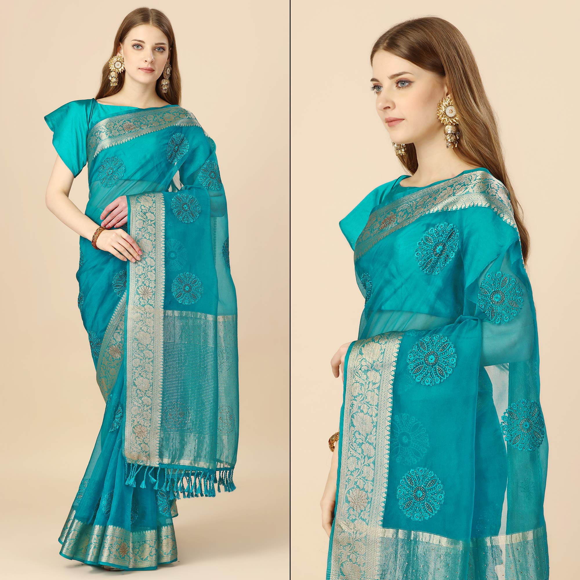 Rama Blue Floral Embroidery With Swarovski Work Organza Saree