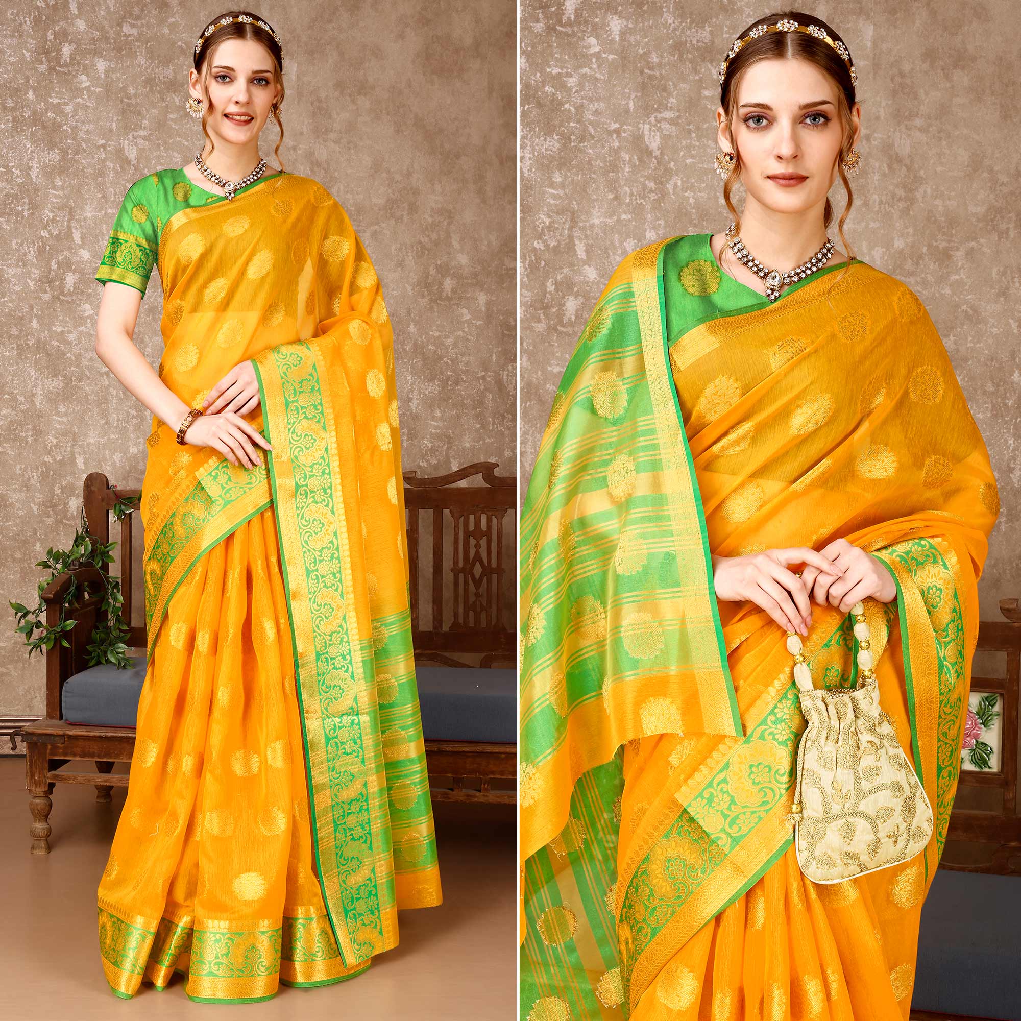 Yellow Floral Woven Cotton Silk Saree