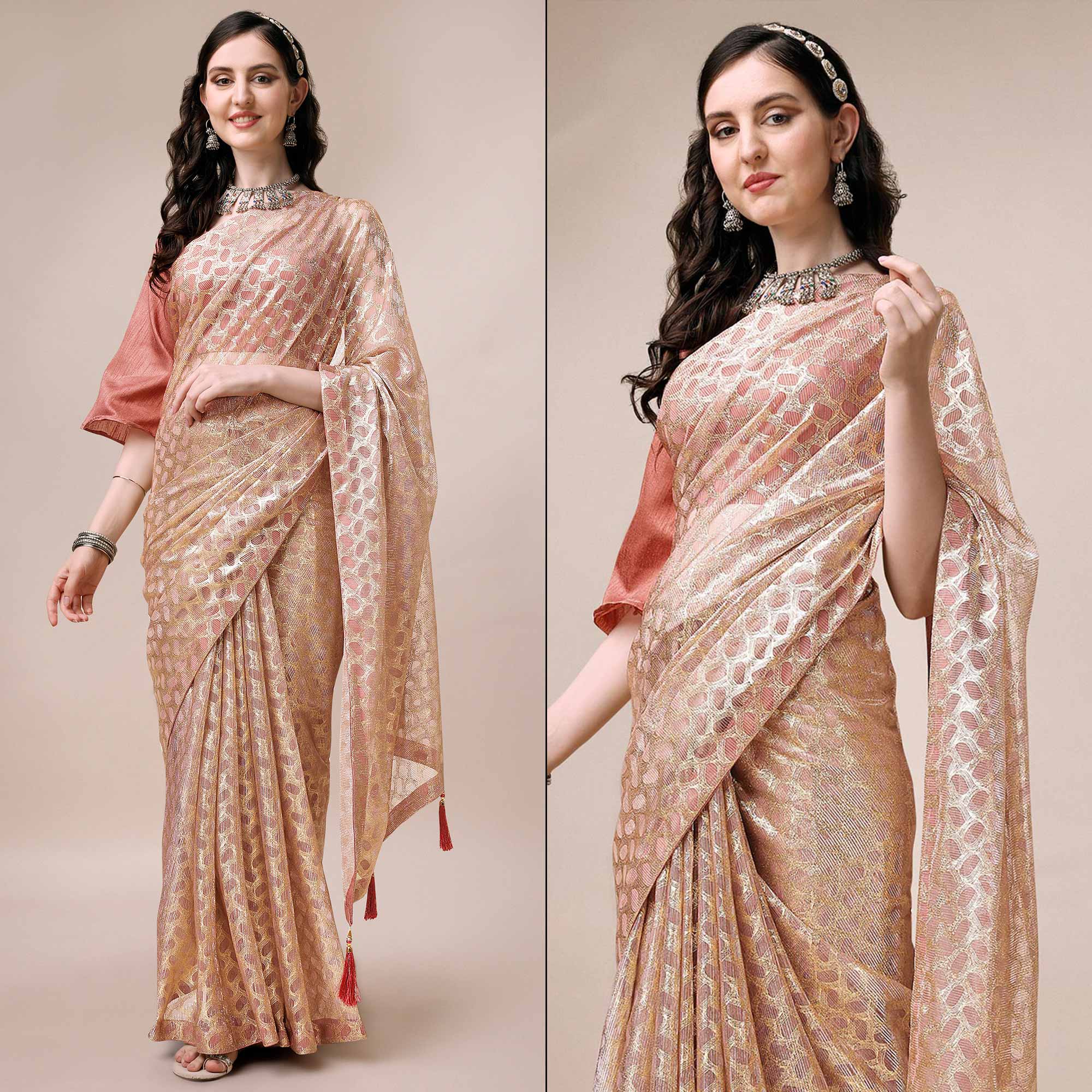 Onion Pink Foil Printed Rayon Saree