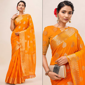 Yellow Woven Chiffon Saree With Tassels