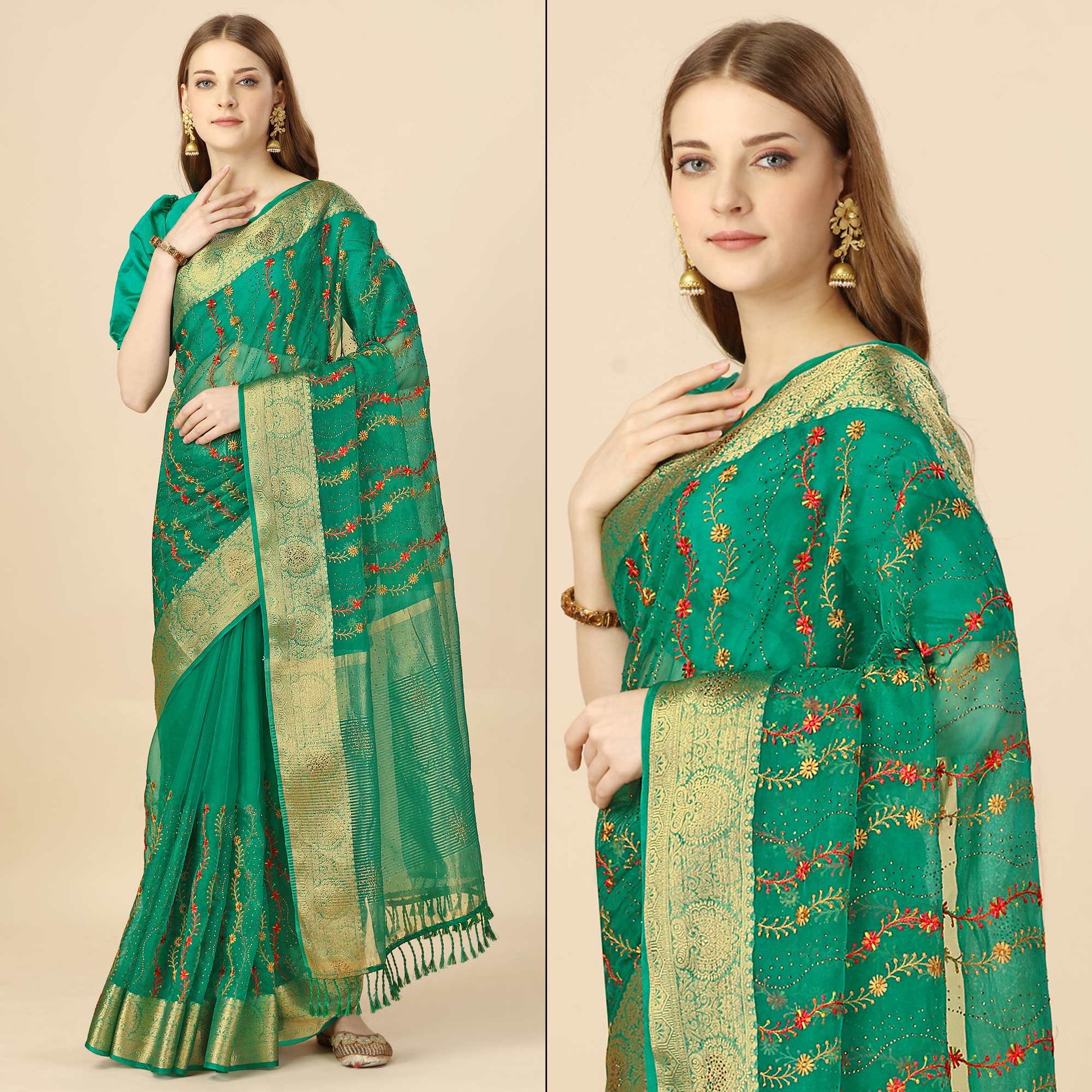 Green Floral Embroidery With Swarovski Work Organza Saree