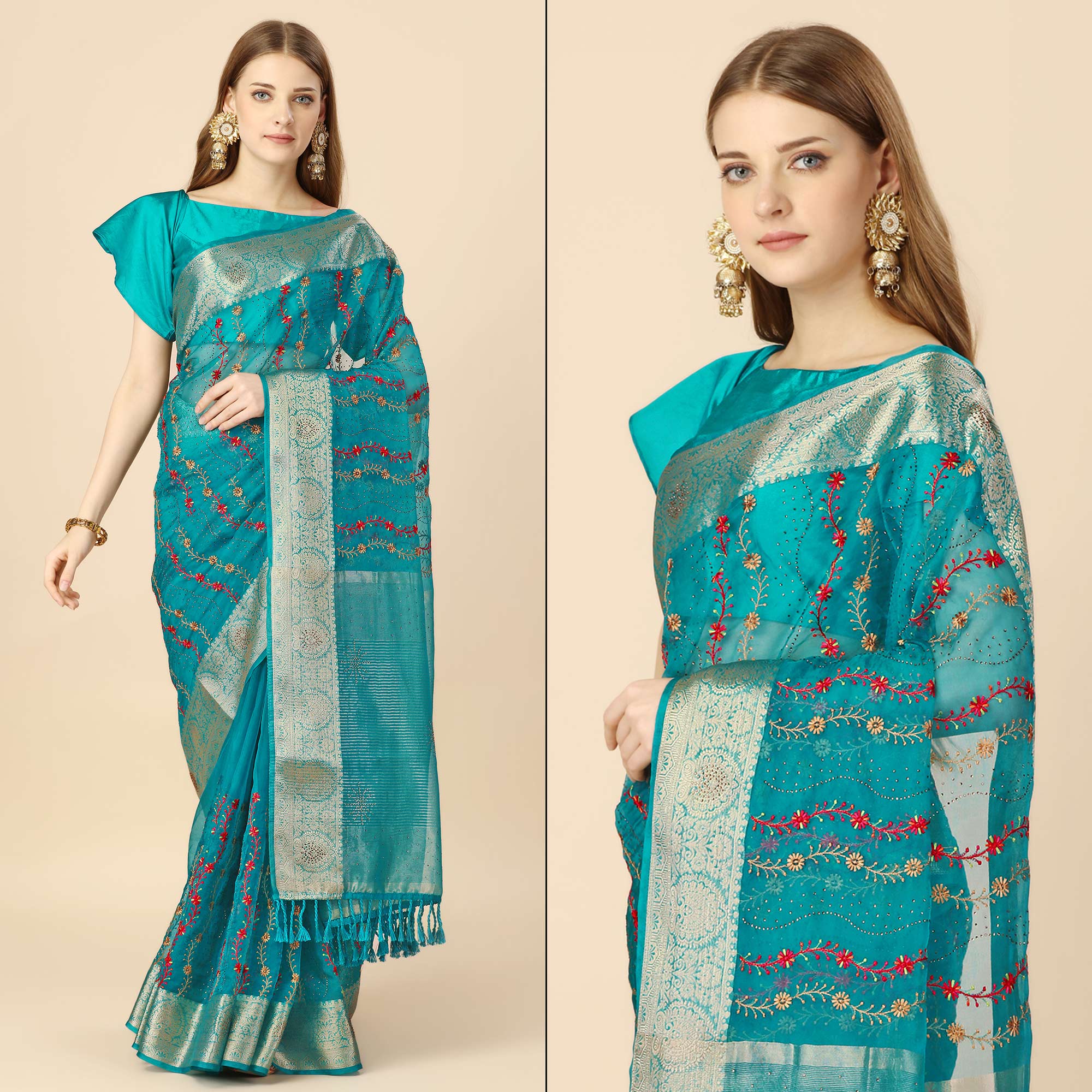 Rama Blue Floral Embroidery With Swarovski Work Organza Saree