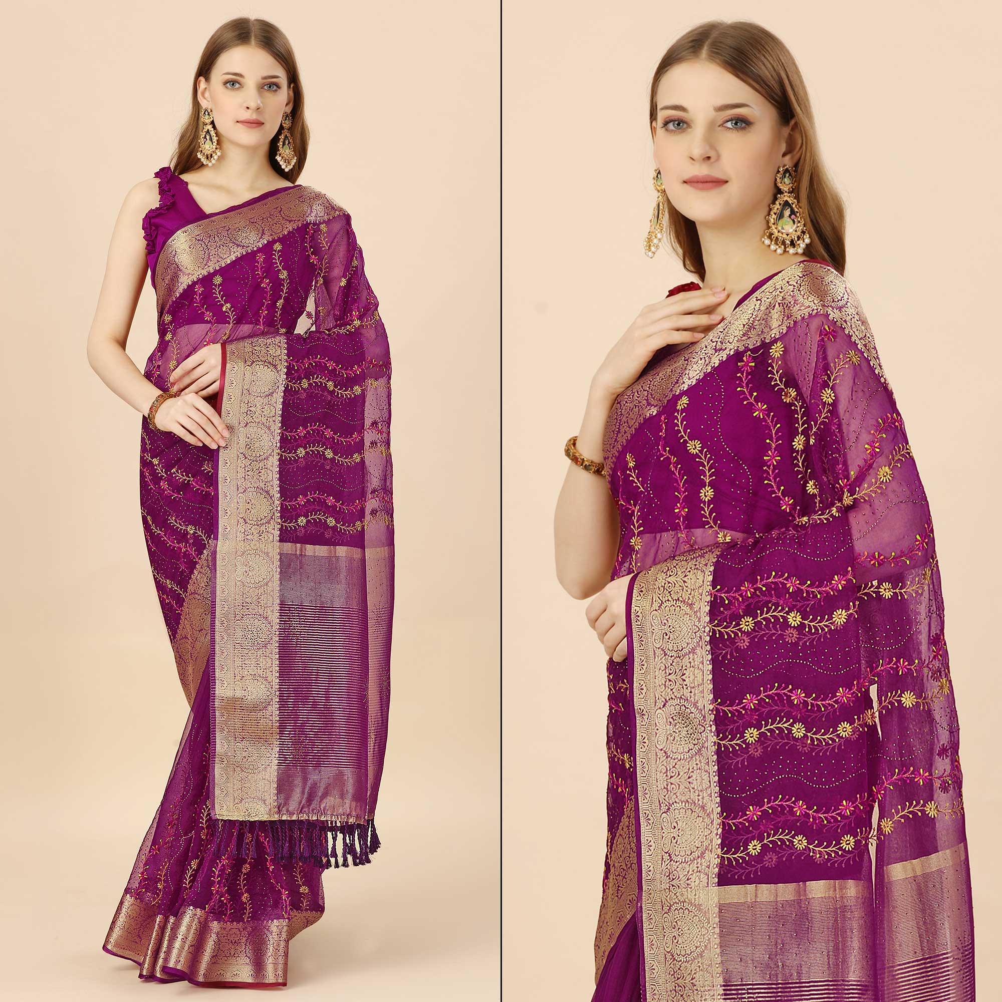 Purple Floral Embroidery With Swarovski Work Organza Saree