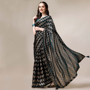 Teal Blue Digital Foil Printed Rayon Saree