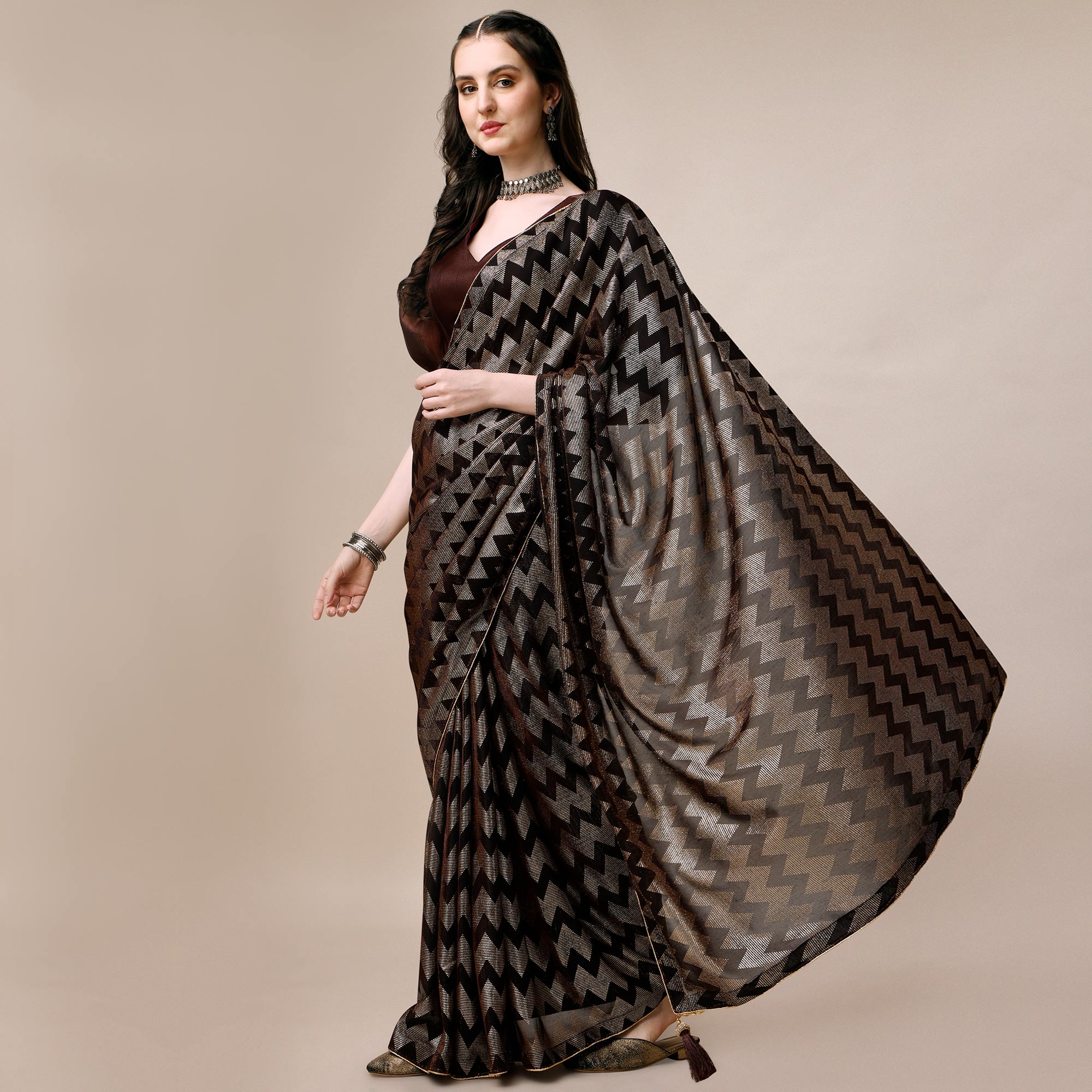 Brown Digital Foil Printed Rayon Saree