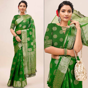 Green Woven Chiffon Saree With Tassels