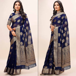 Navy Blue Woven Chiffon Saree With Tassels