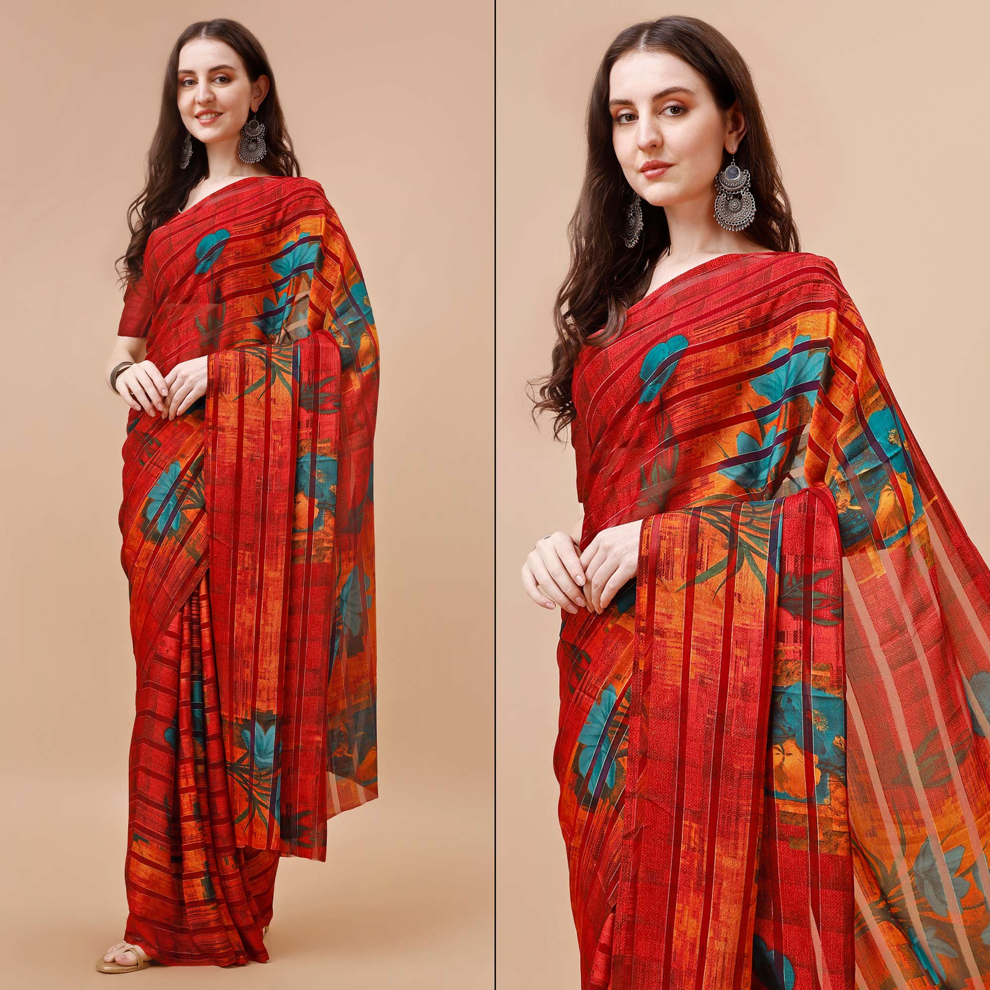 Red Floral Printed Georgette Saree