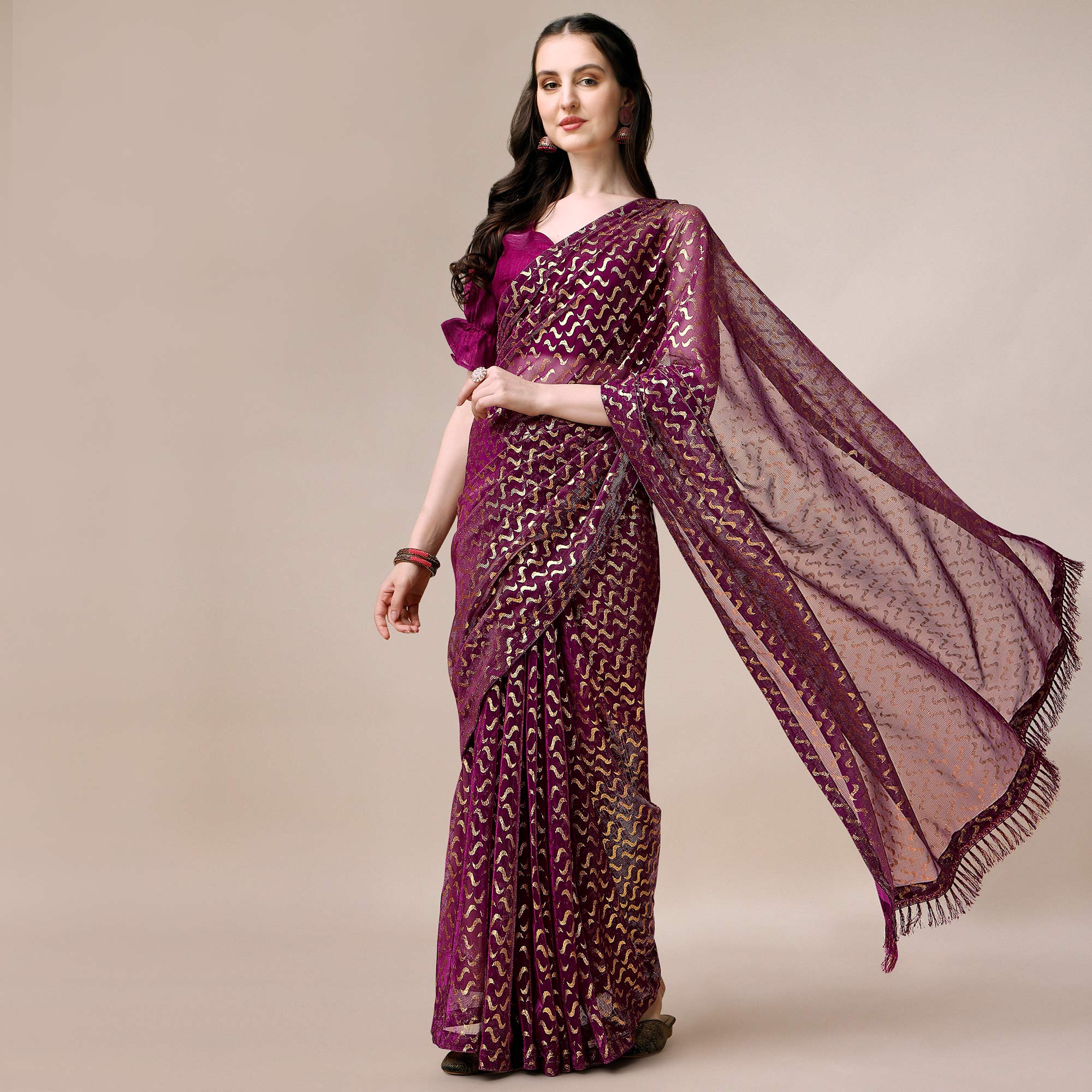 Wine Foil Printed Rayon Saree