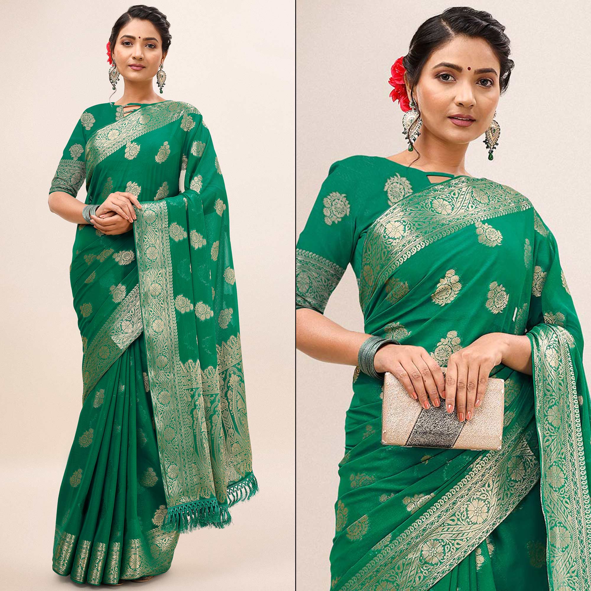 Green Woven Chiffon Saree With Tassels