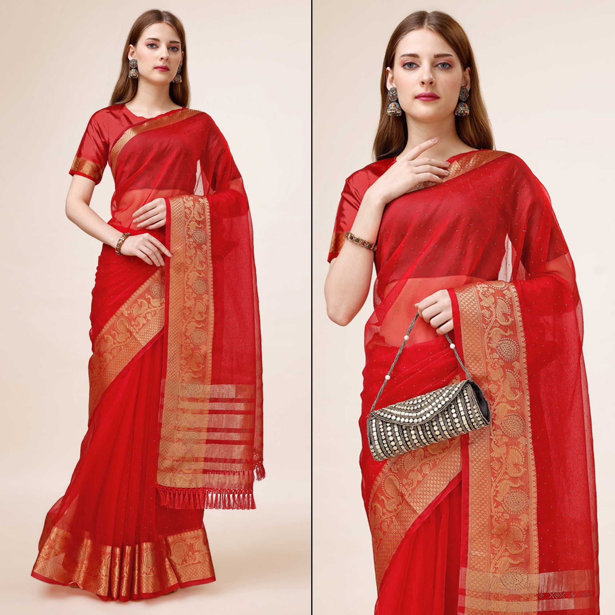 Red Swarovski Work Organza Saree With Tassels