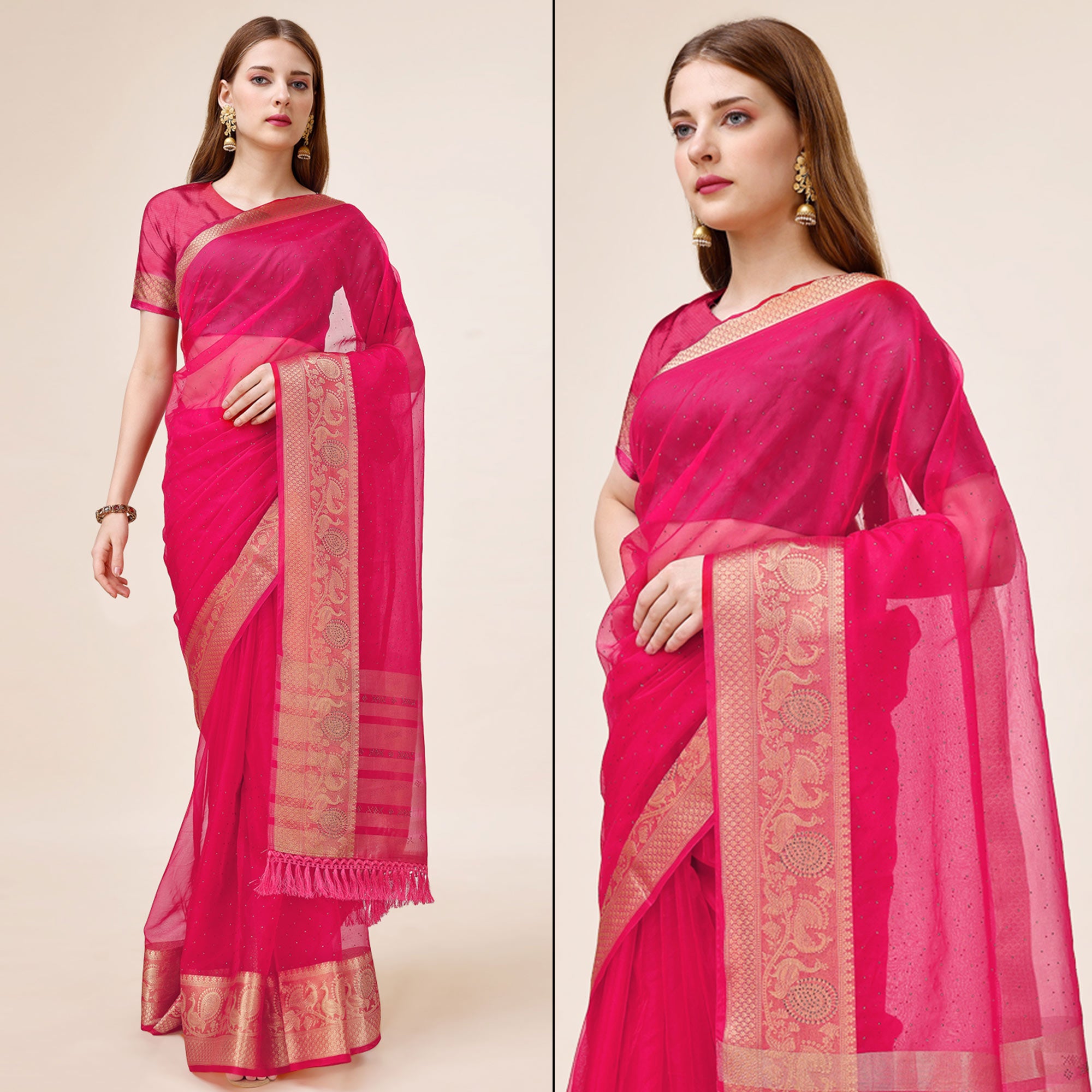 Pink Swarovski Work Organza Saree With Tassels